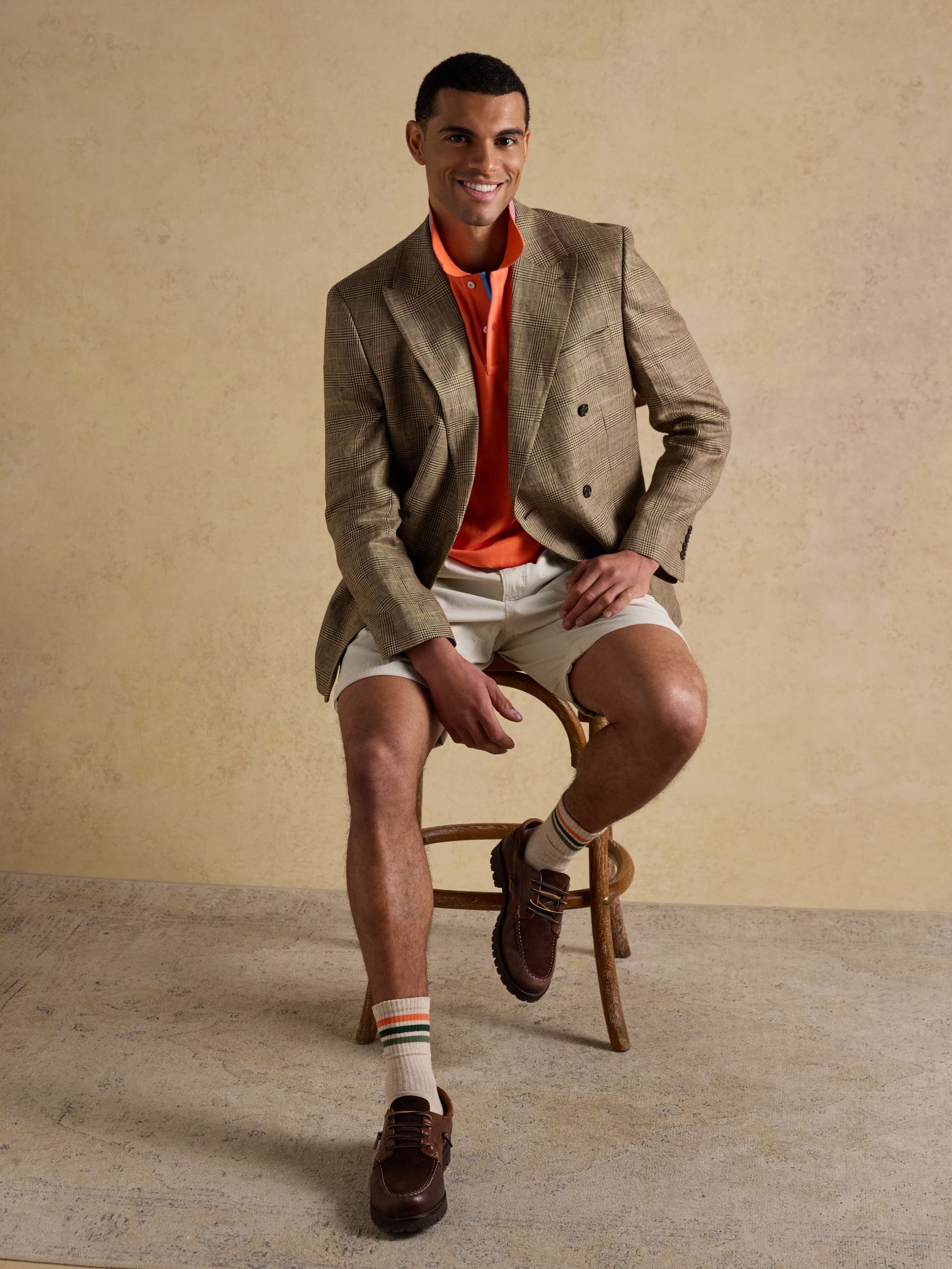 Taupe Brown Pure Linen Check Double Breasted Blazer - Image 10 of 13