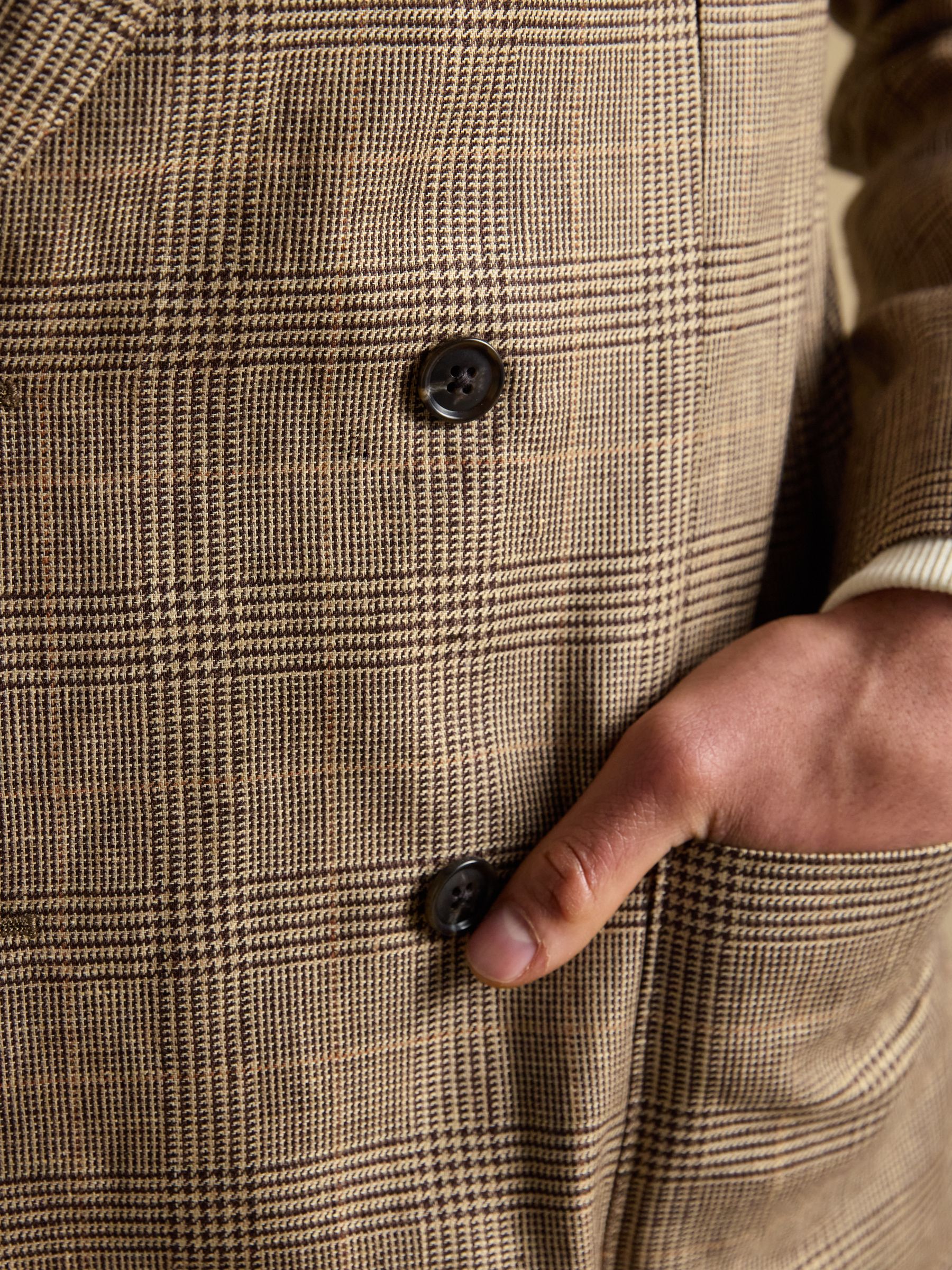 Taupe Brown Pure Linen Check Double Breasted Blazer - Image 11 of 13