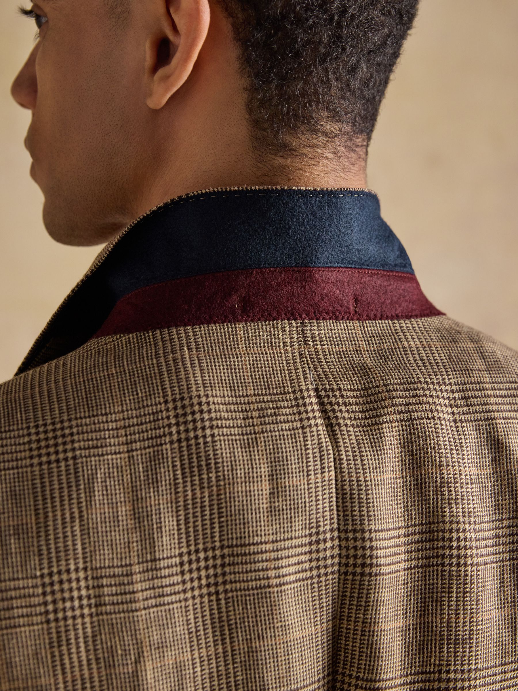 Taupe Brown Pure Linen Check Double Breasted Blazer - Image 12 of 13