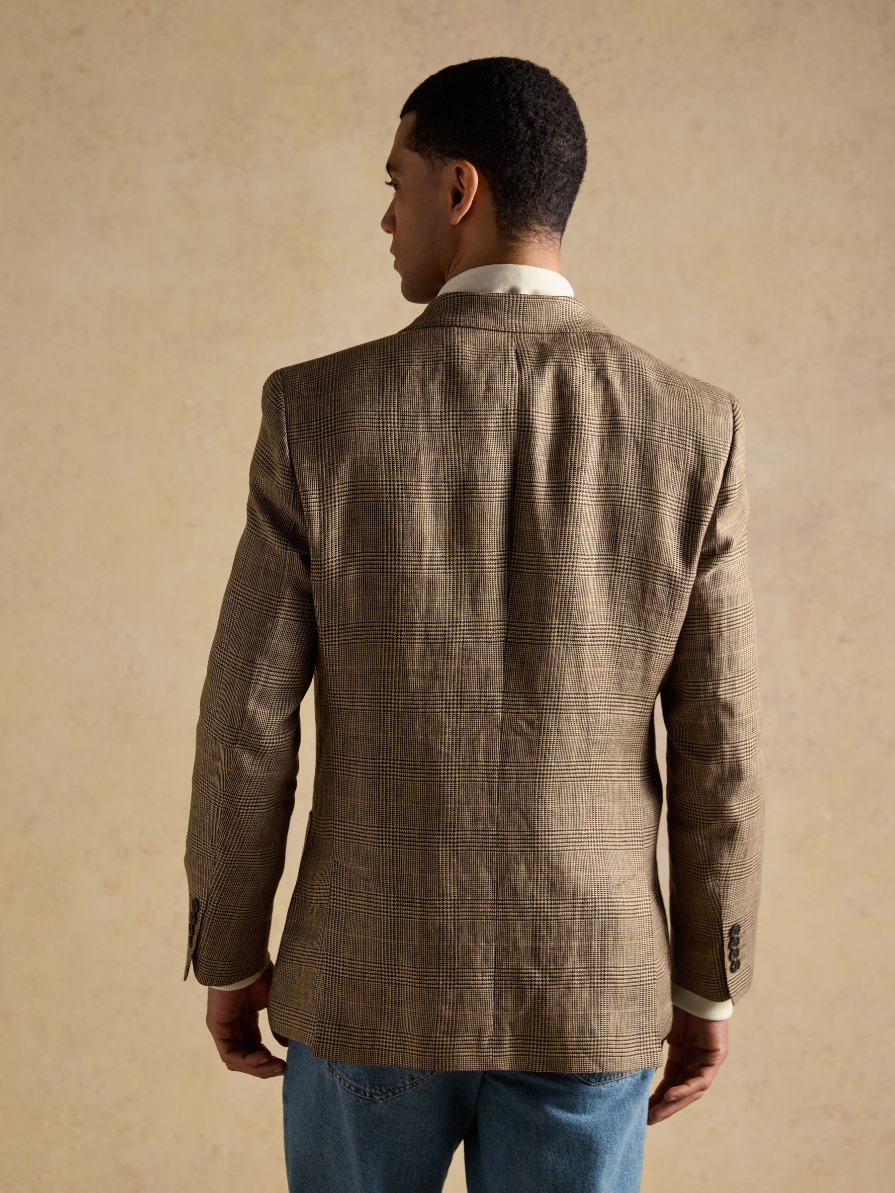 Taupe Brown Pure Linen Check Double Breasted Blazer - Image 2 of 13