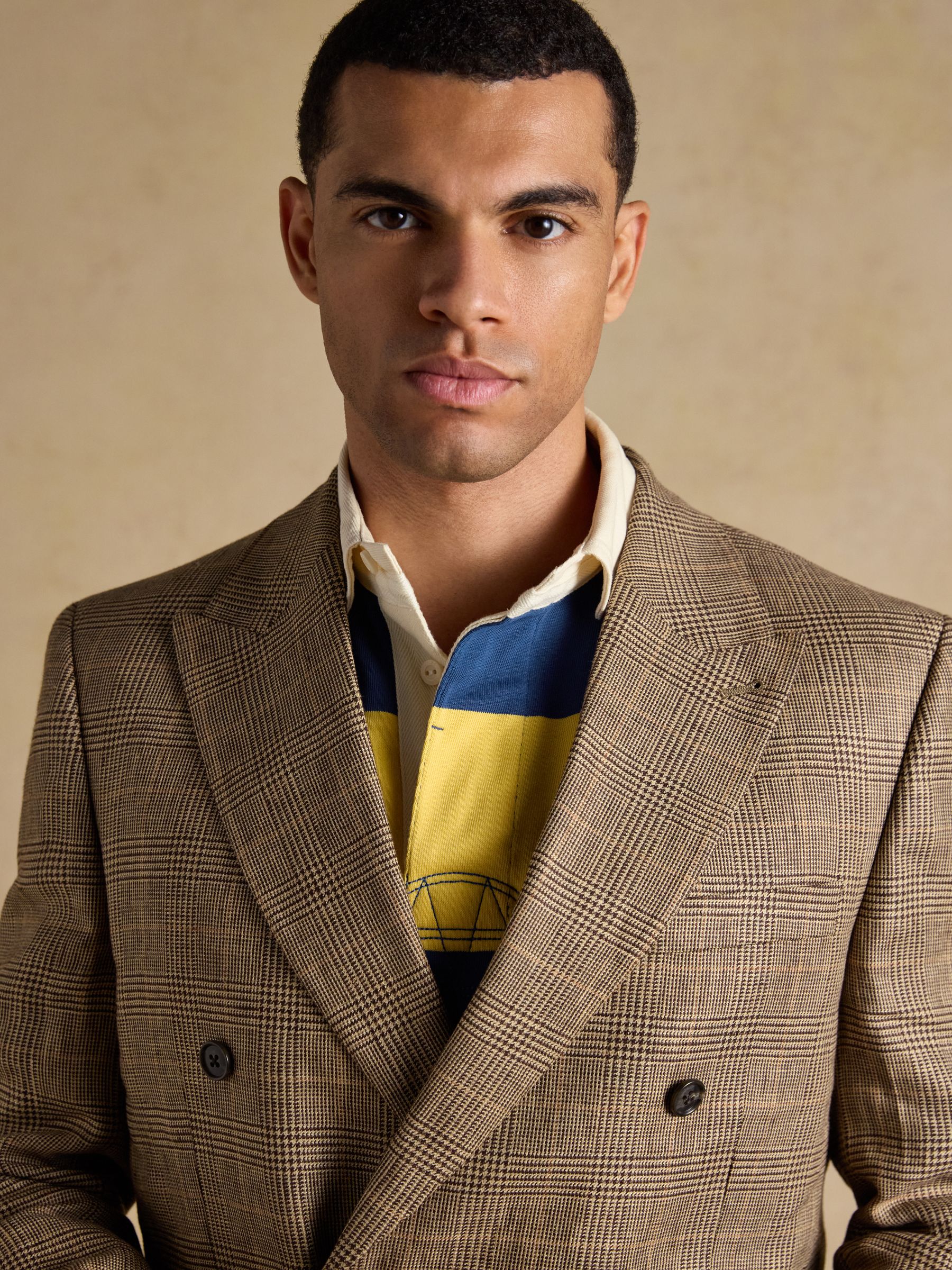 Taupe Brown Pure Linen Check Double Breasted Blazer - Image 4 of 13