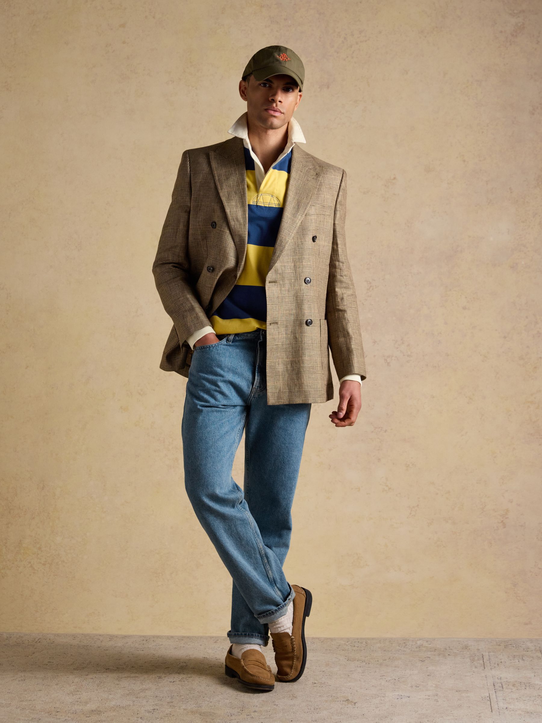 Taupe Brown Pure Linen Check Double Breasted Blazer - Image 5 of 13