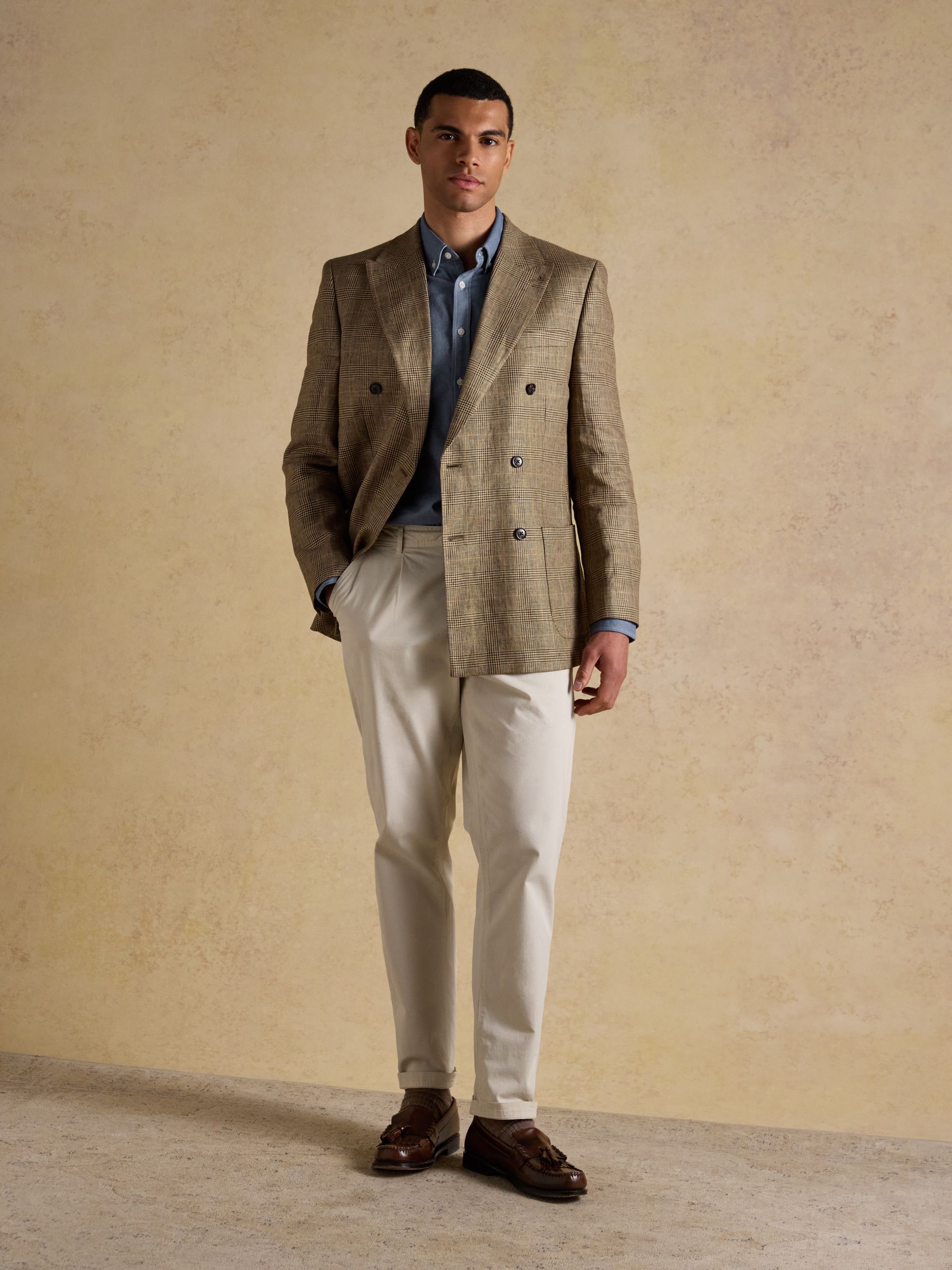 Taupe Brown Pure Linen Check Double Breasted Blazer - Image 8 of 13