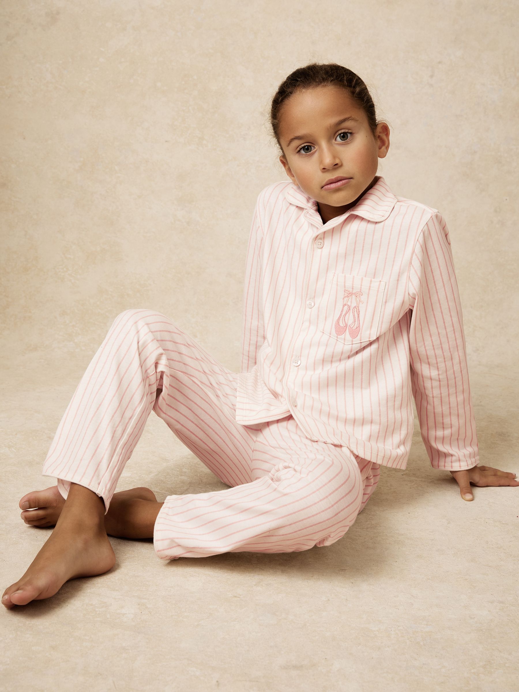 3-9 yrs Cotton Embroidery Stripe Pyjama Set in Pink - Image 4 of 6