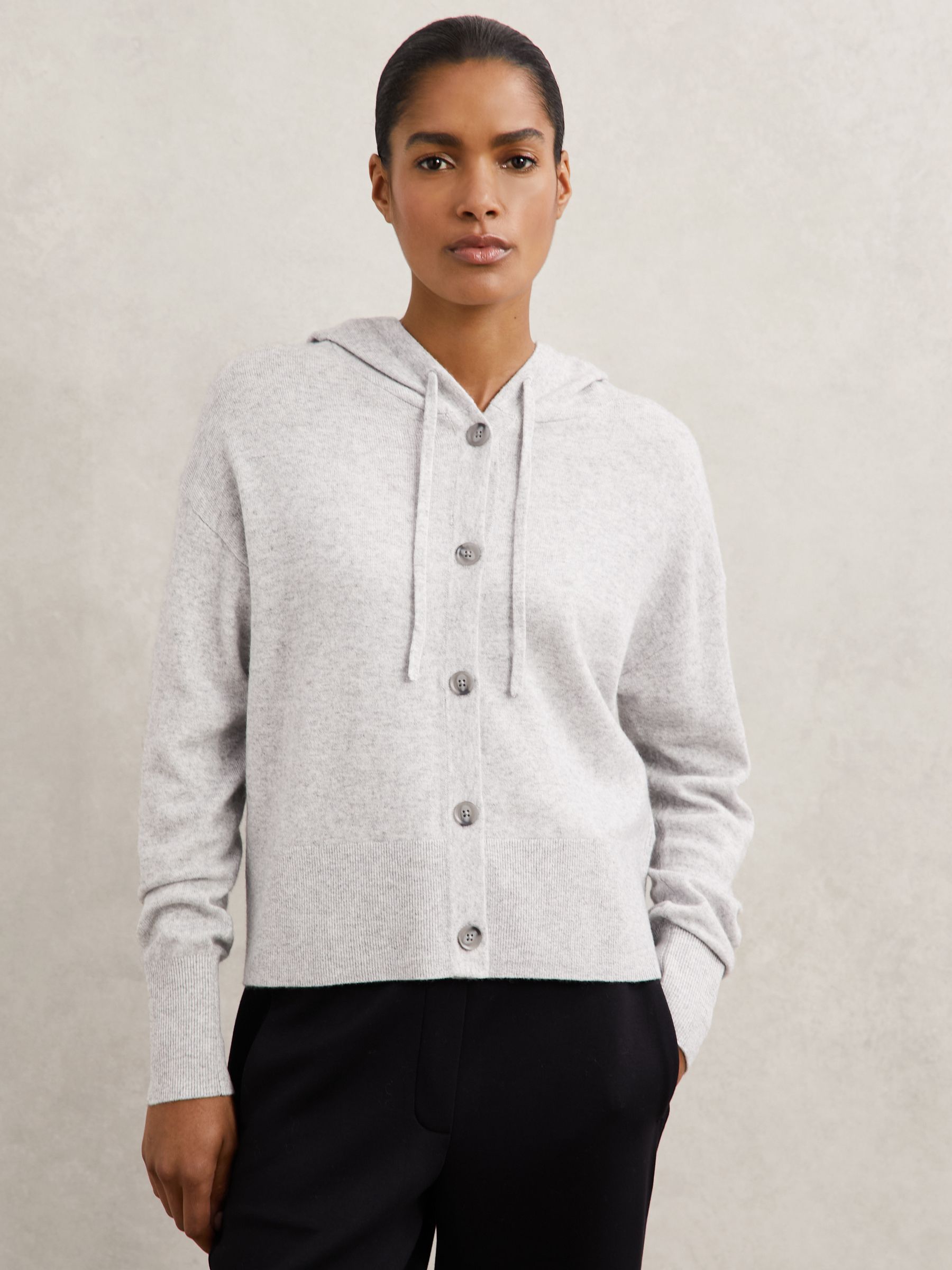 Wool-Blend Button-Through Hoodie with Cashmere in Grey - Image 1 of 6