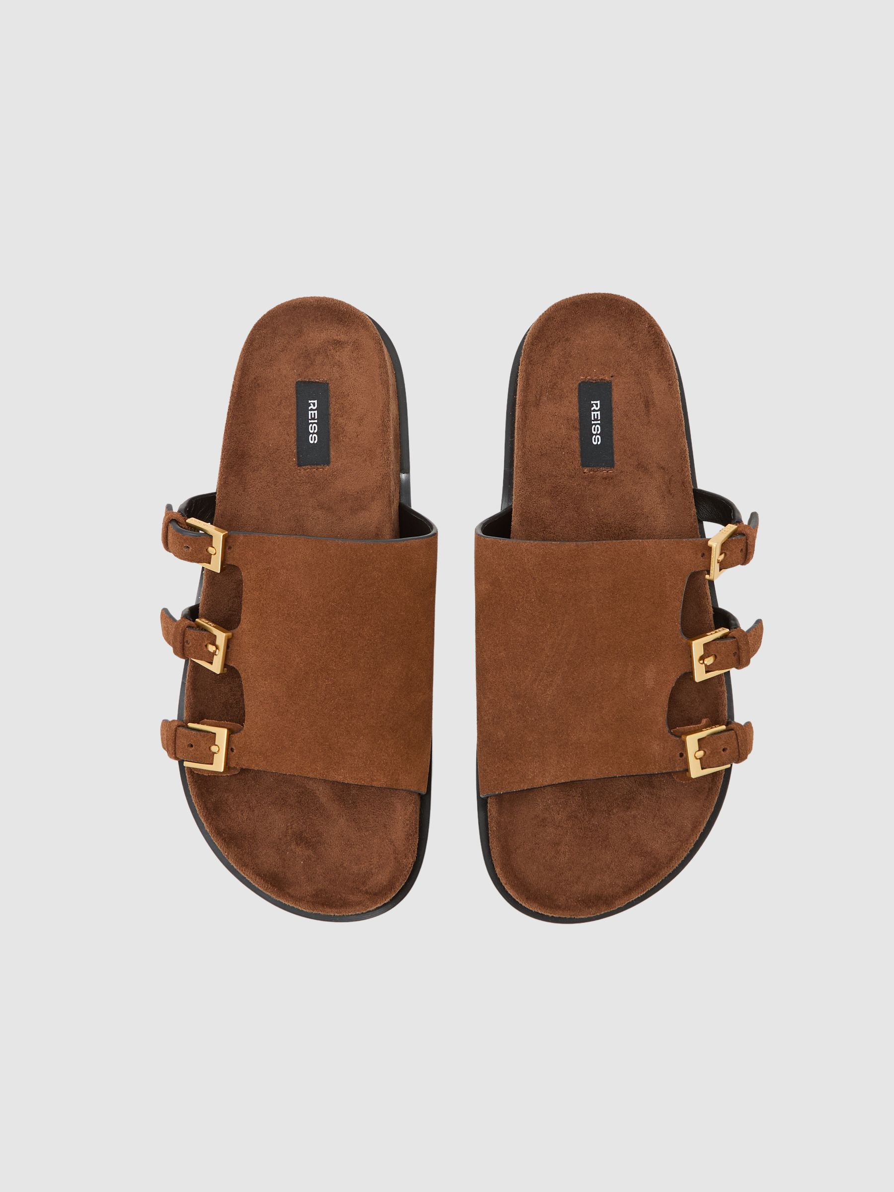 Suede Buckle-Strap Slip-On Sandals in Tan - image 4