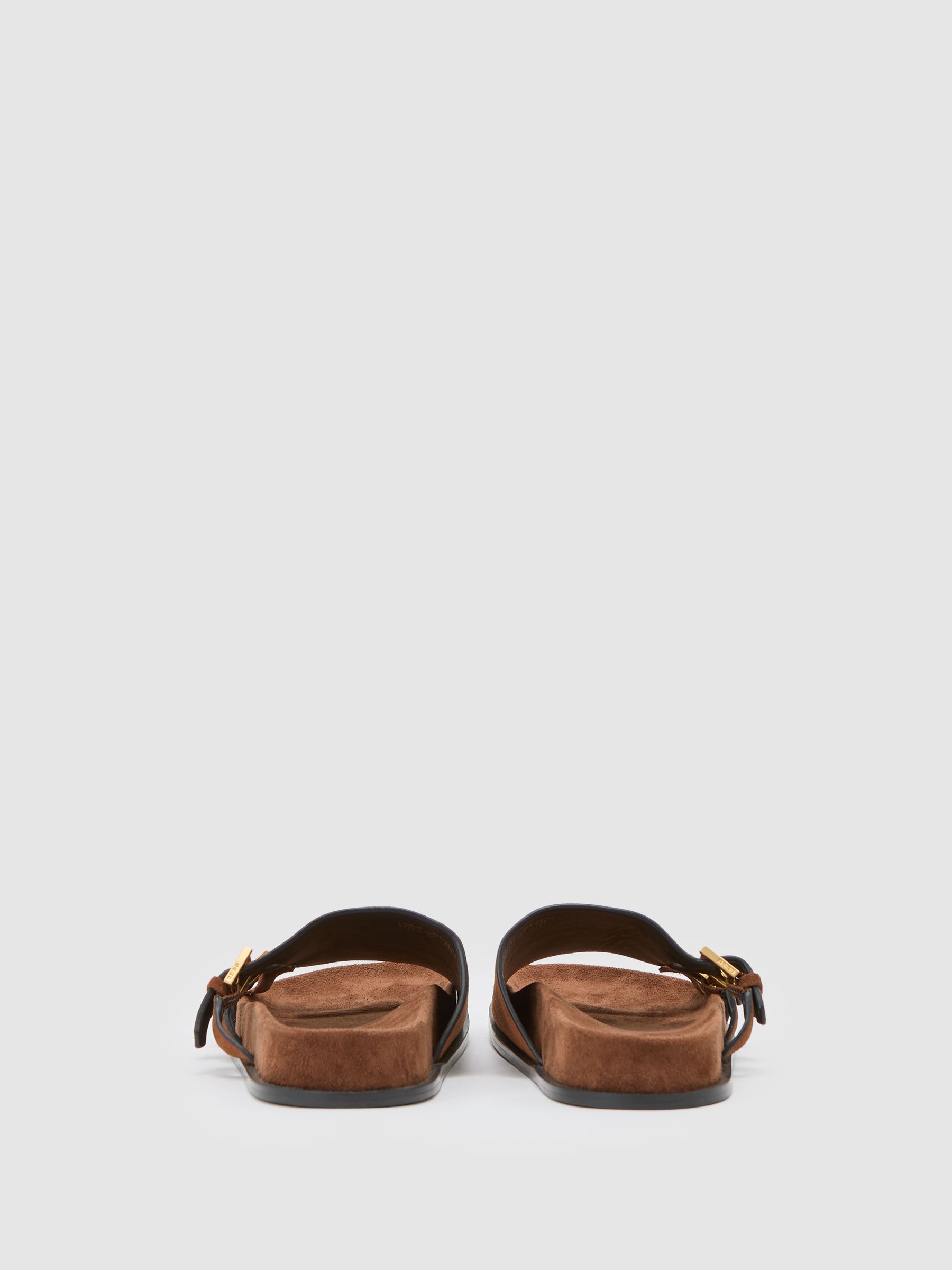 Suede Buckle-Strap Slip-On Sandals in Tan - image 3