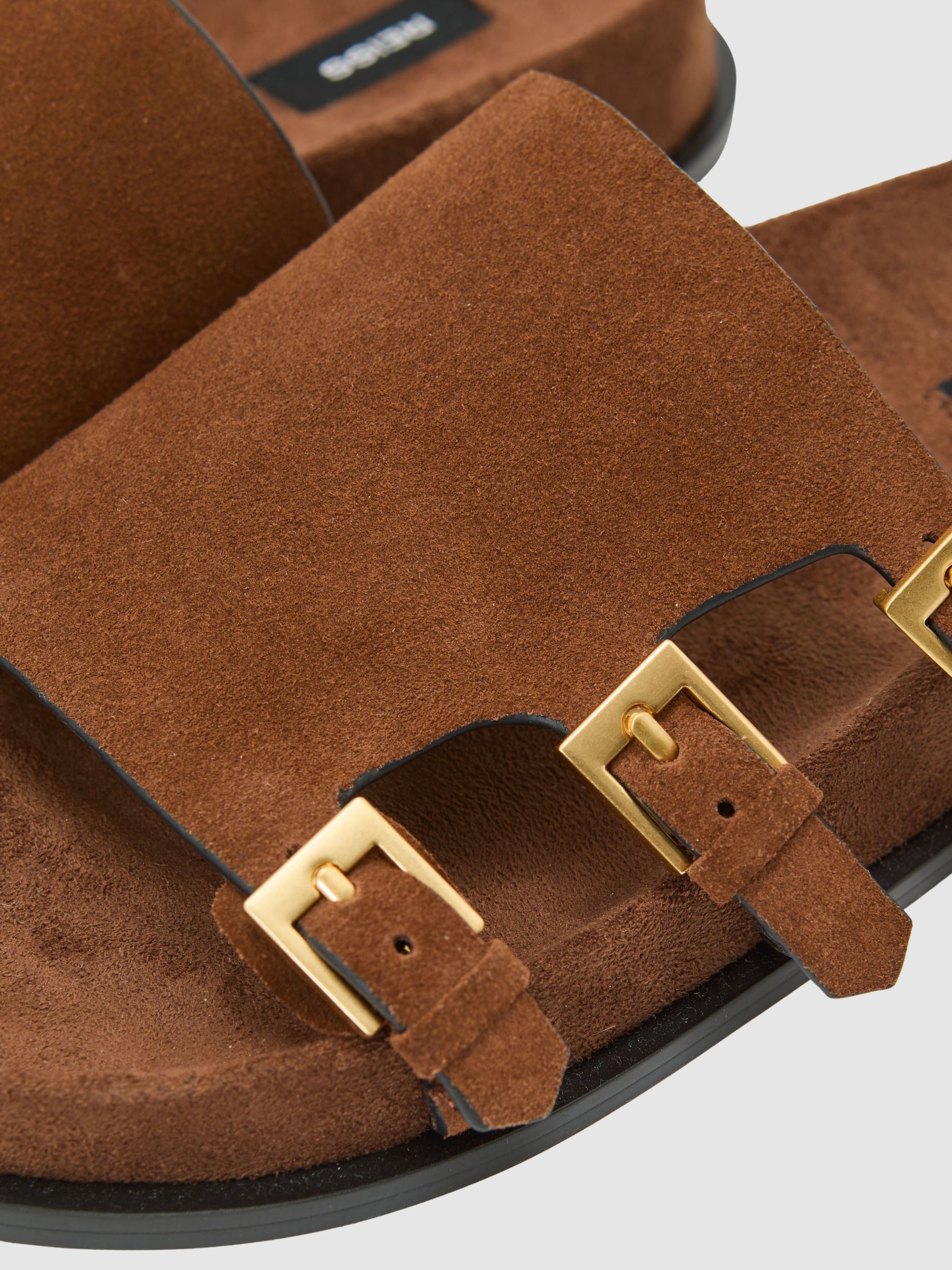 Suede Buckle-Strap Slip-On Sandals in Tan - image 2