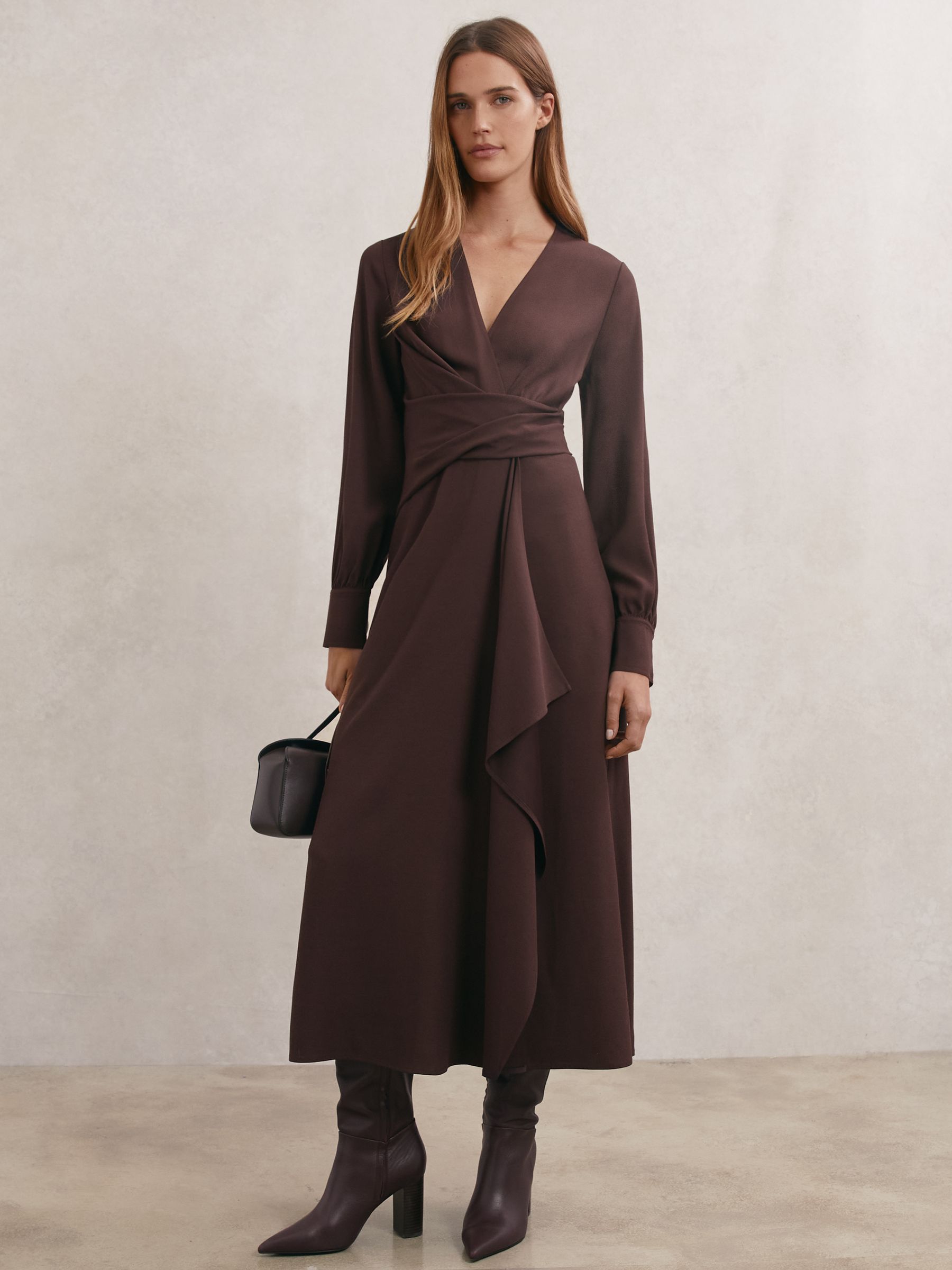 Wrap-front Drape Midi Dress With Wool
