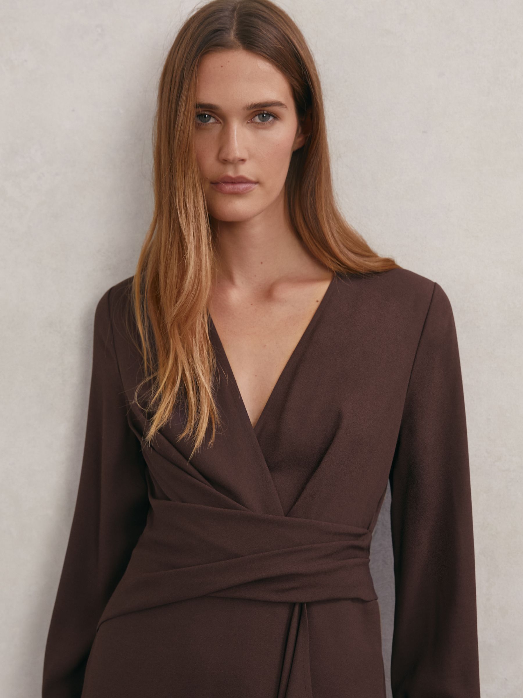 Wrap-Front Drape Midi Dress with Wool in Burgundy - Image 3 of 6