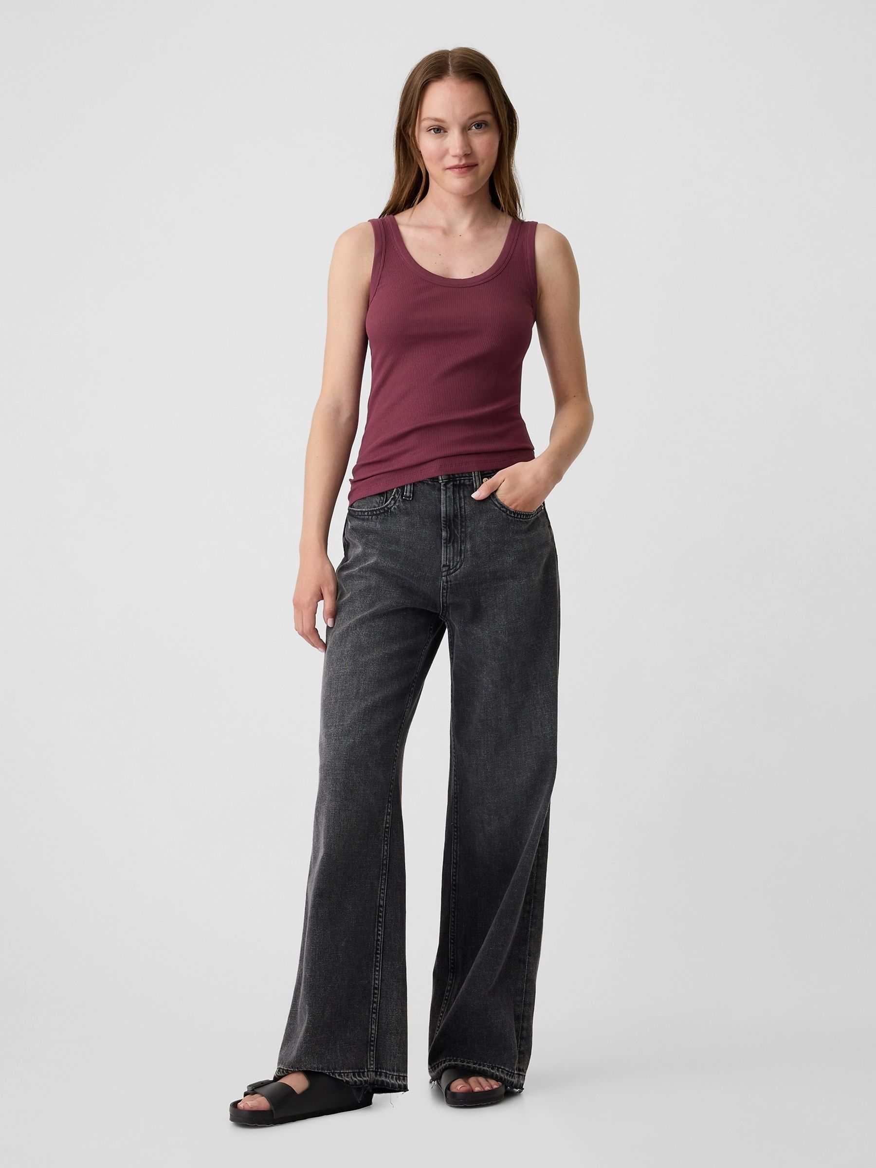Burgundy Red Soft Ribbed Sleeveless Vest Top - Image 3 of 5