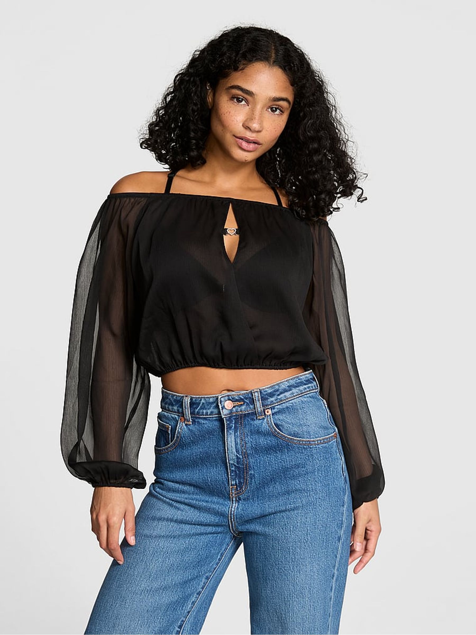 Black Long Sleeve Off The Shoulder Top - Image 1 of 2