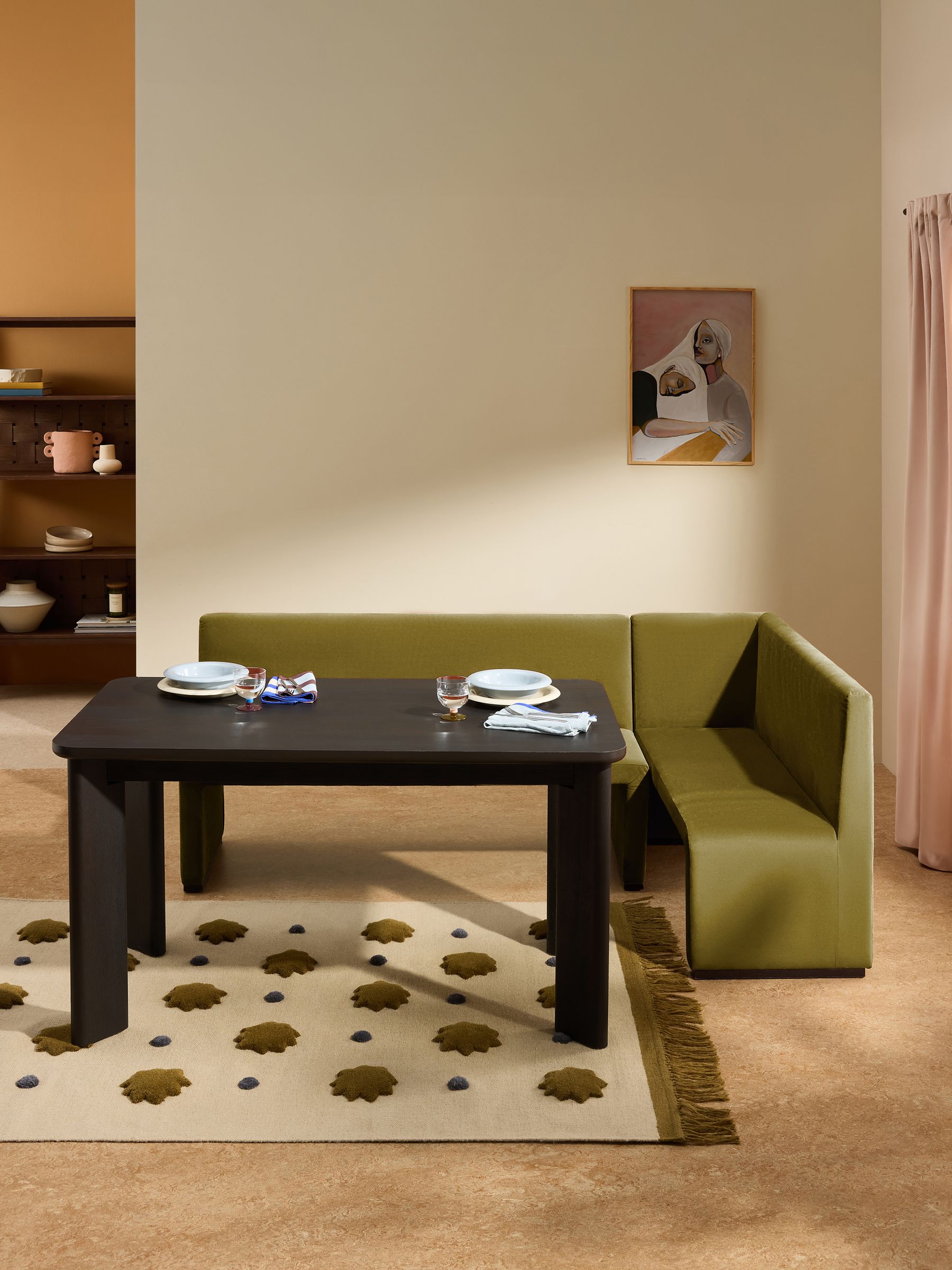 Tova Right Hand Corner Dining Table and Bench Set in Fern Green Velvet - Image 1 of 7