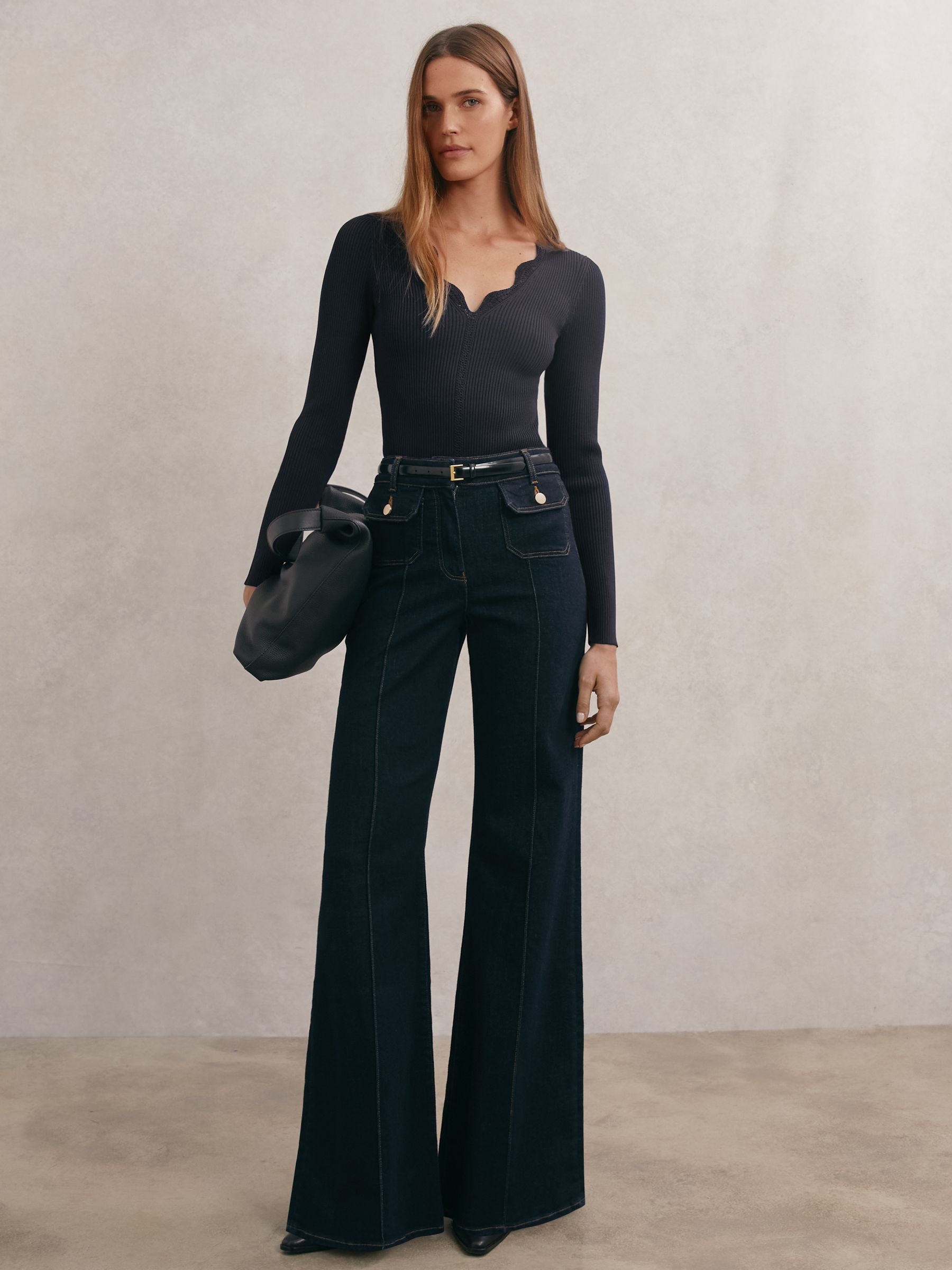 Crochet-Trim Rib-Knit Top in Navy - image 3