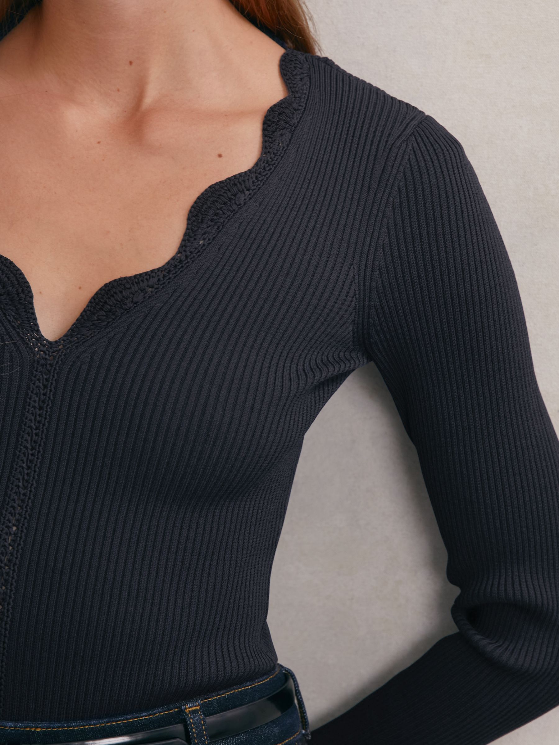 Crochet-Trim Rib-Knit Top in Navy - image 4