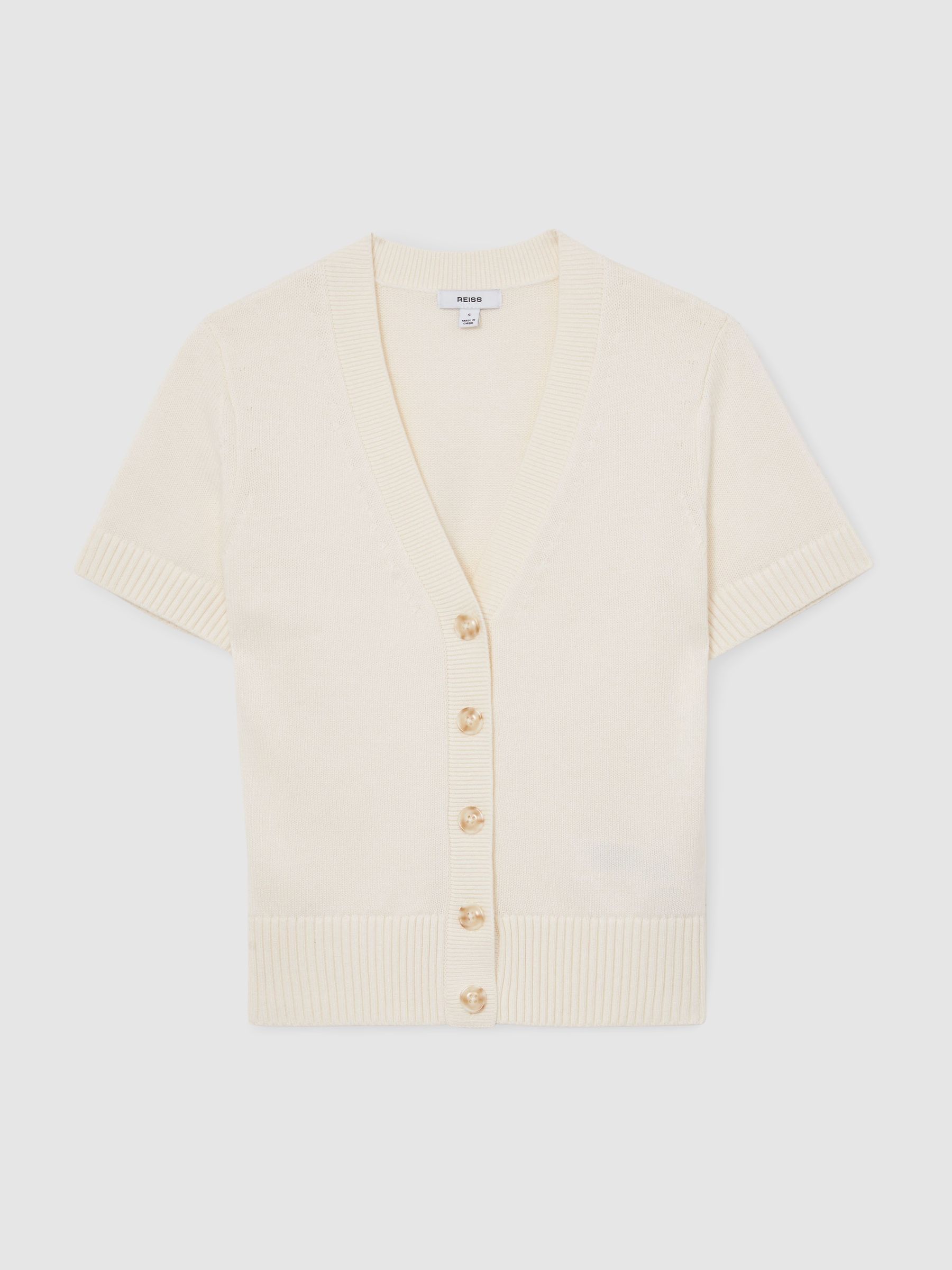 سترة كارديغان من مزيج قطن وصوف بفتحة ياقة حرف V وكُم قصير Anya من Reiss - صورة 2 من 6