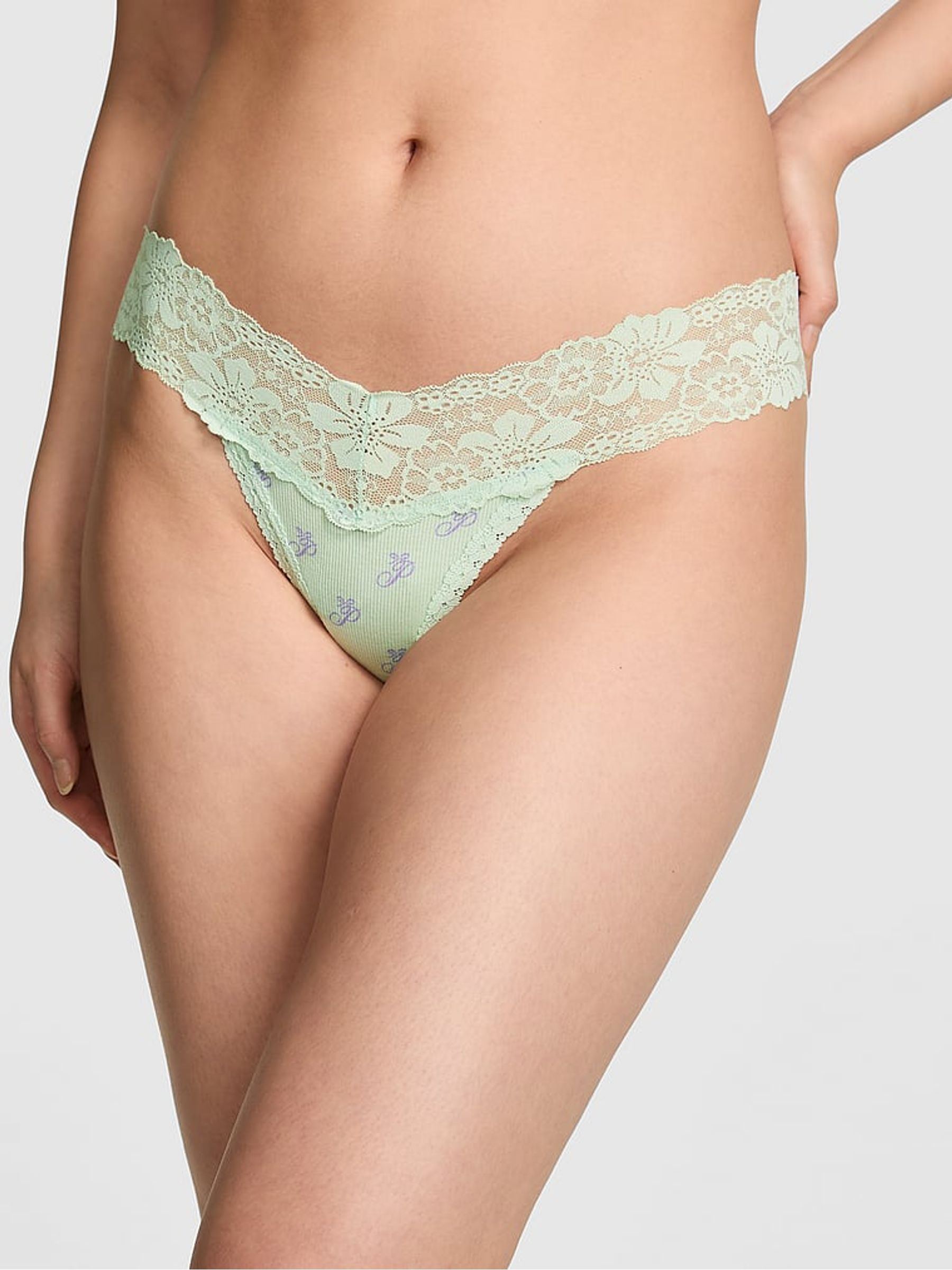 Mint Green Thong Lace Trim Rib Knickers - Image 1 of 2