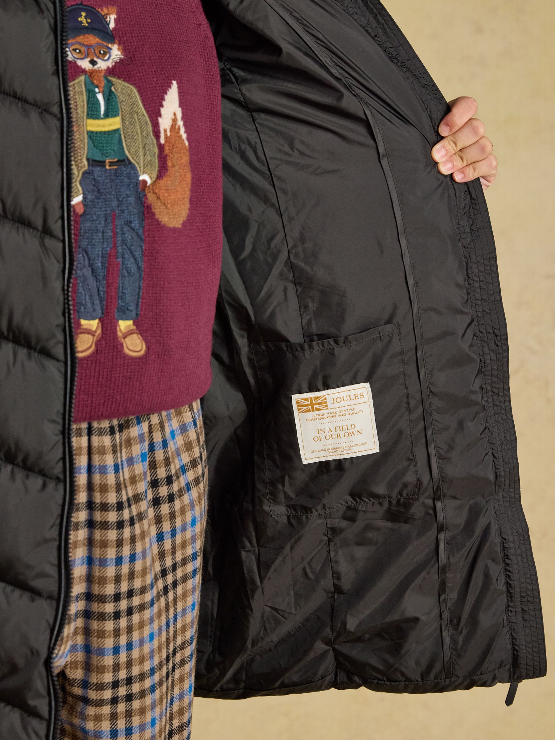 Moorsdale Black Mid Length Showerproof Padded Coat with Hood | Joules