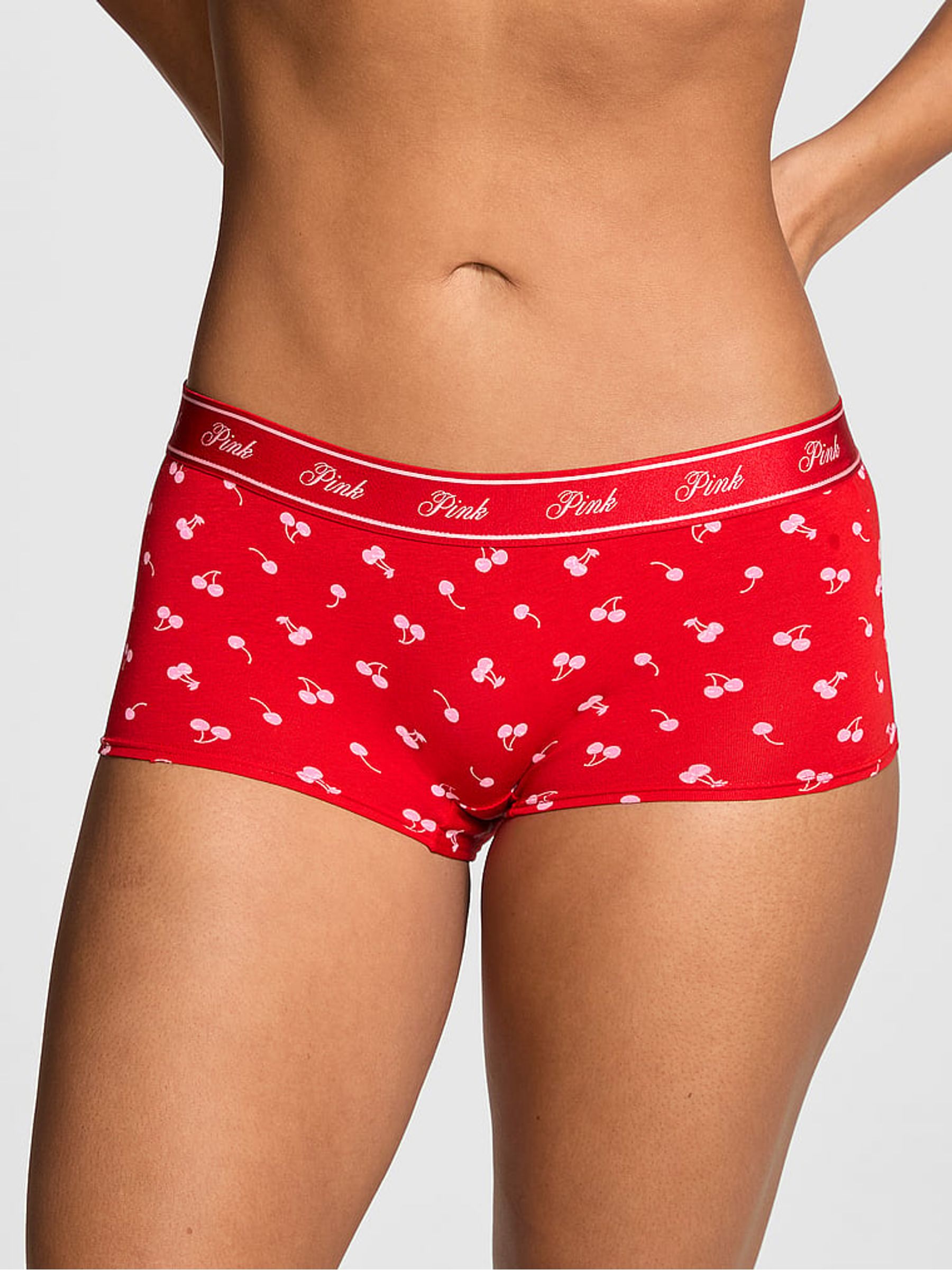 Bright Vermillion Red Cherry Print Boyshort Cotton Logo Knickers - Image 1 of 2
