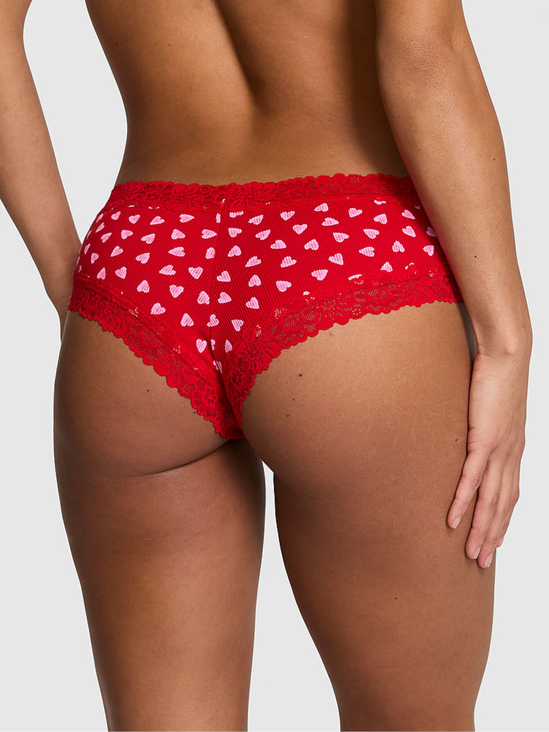 Bright Vermillion Red Hearts Cheeky Lace Trim Rib Knickers - Image 2 of 2