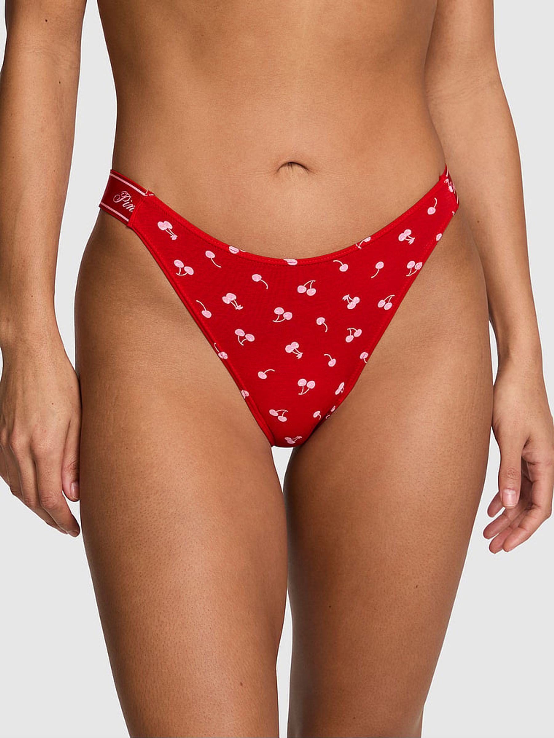 Bright Vermillion Red Cherry Print Thong Cotton Logo Knickers - Image 1 of 2