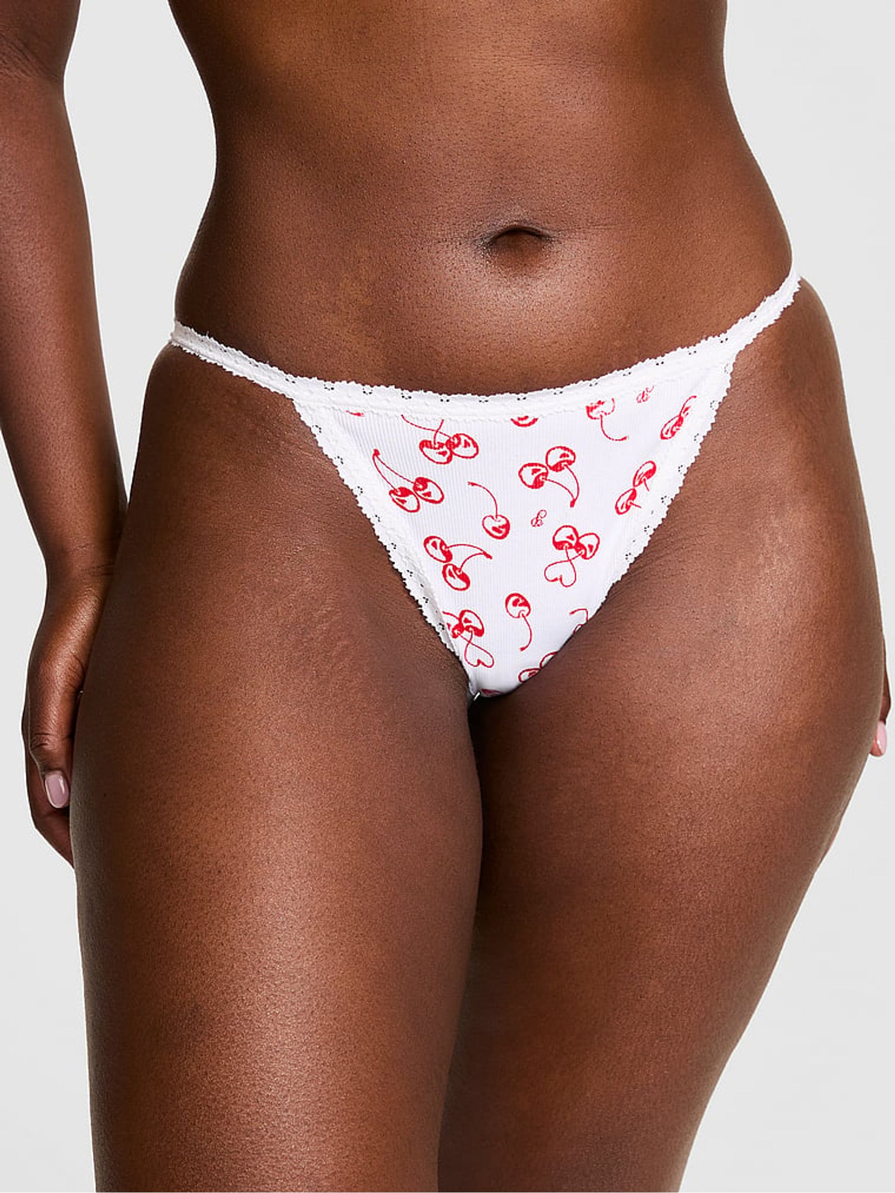 White Cherry Print Bikini Lace Trim Rib Knickers - Image 1 of 2