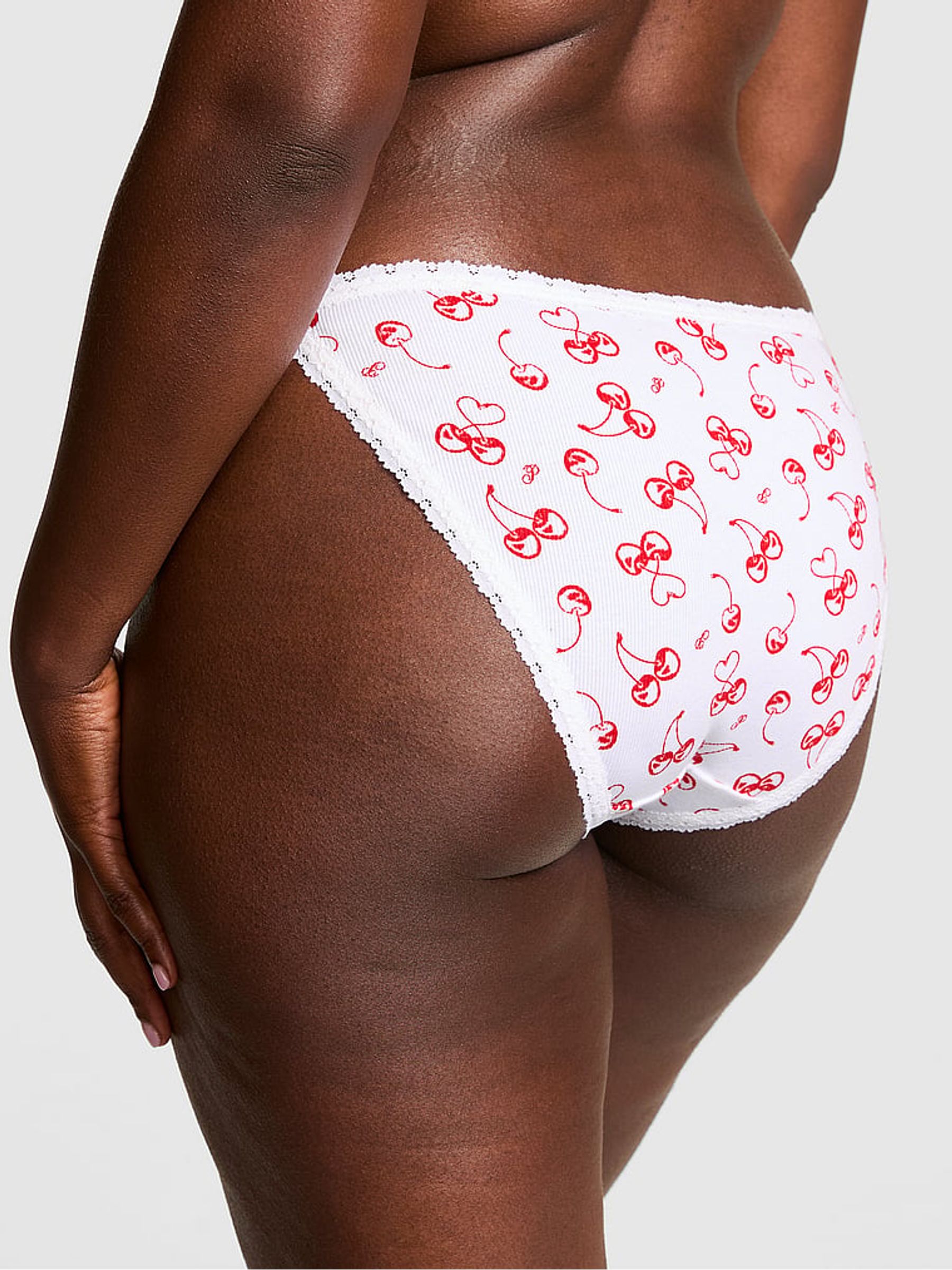 White Cherry Print Bikini Lace Trim Rib Knickers - Image 2 of 2