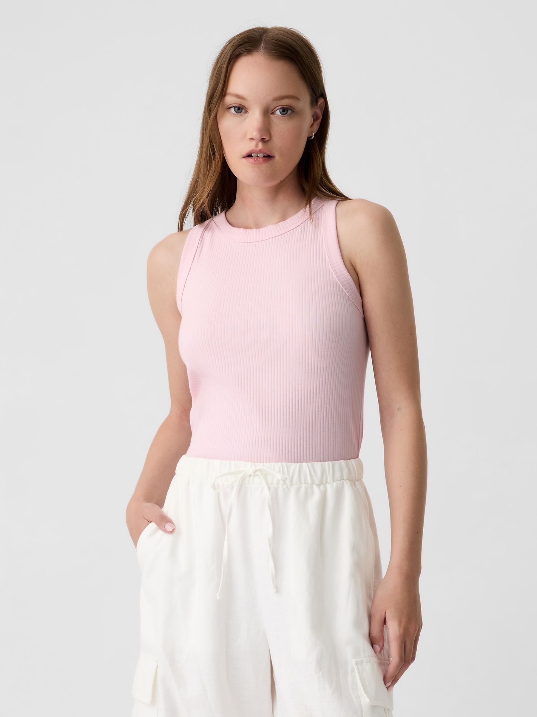 Pink Ribbed Racer High Neck Vest Top - Image 1 of 5
