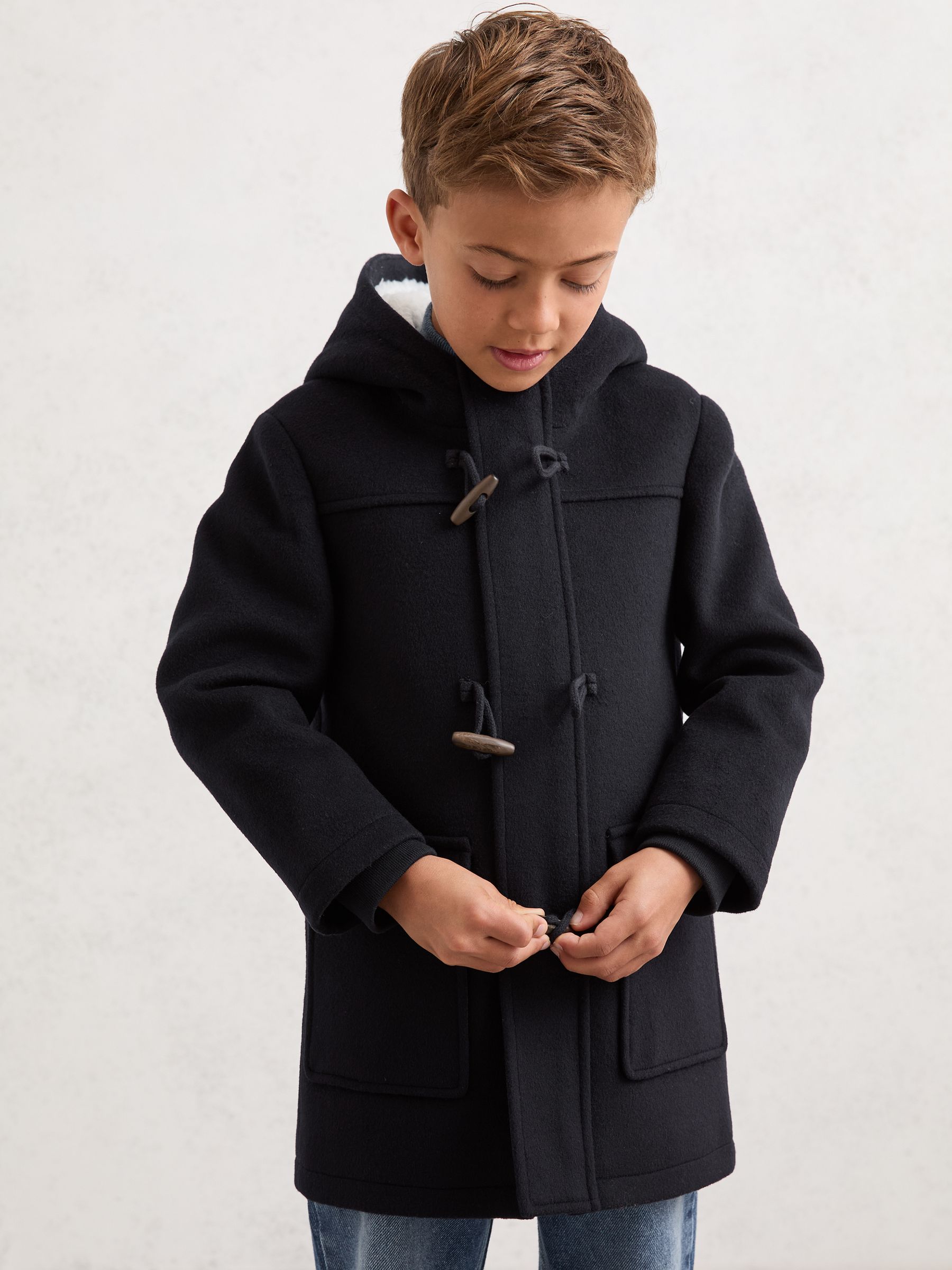 13-14 yrs Wool-Blend Hooded Duffle Coat in Navy Blue - Image 3 of 4