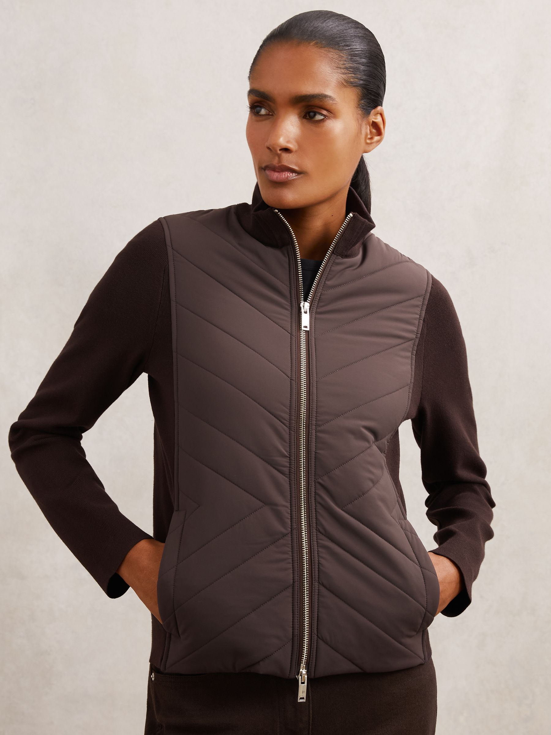 Hybrid Quilted Zip-Through Knit Jacket in Chocolate Brown - Image 1 of 5