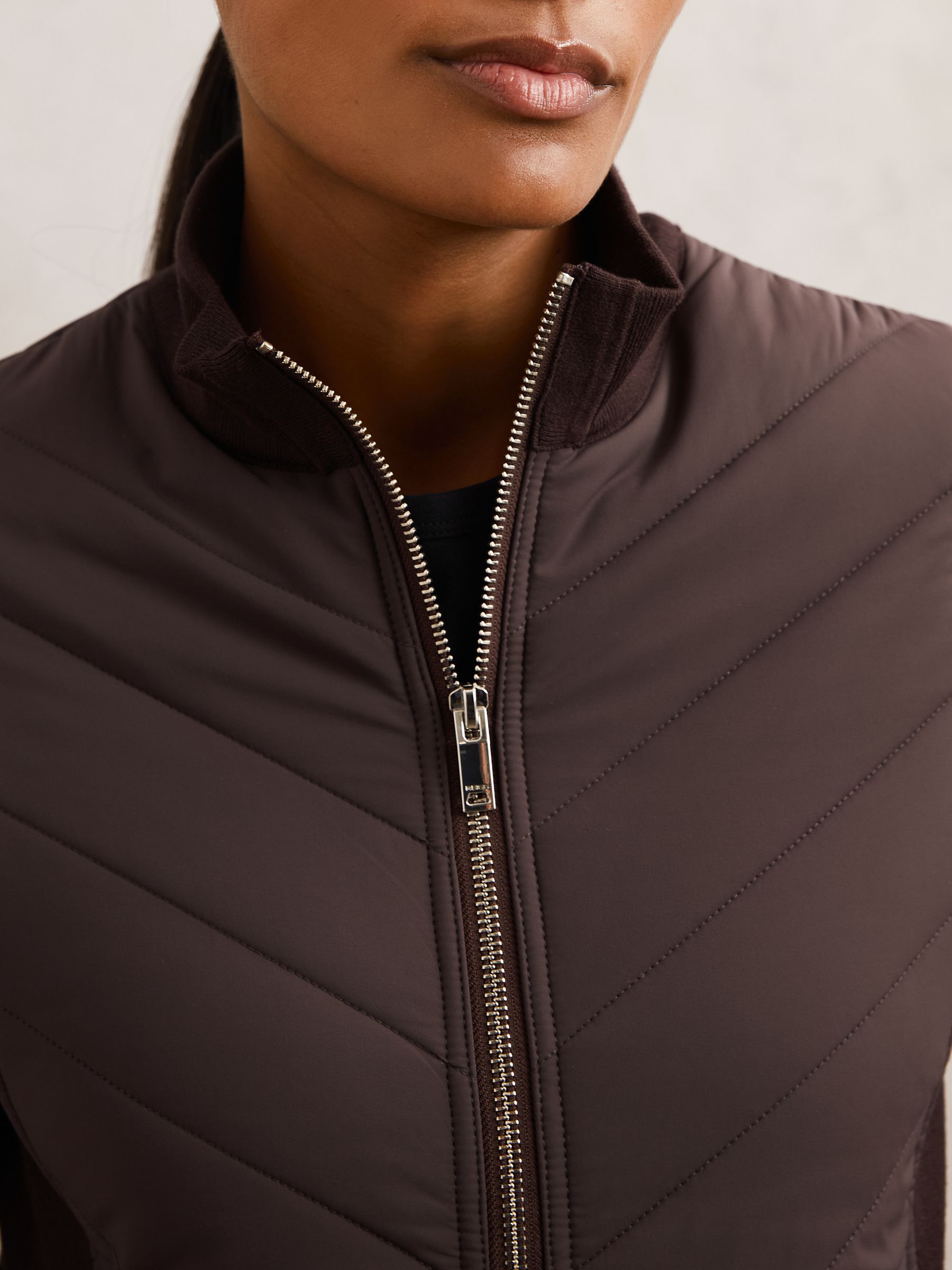 Hybrid Quilted Zip-Through Knit Jacket in Chocolate Brown - Image 3 of 5