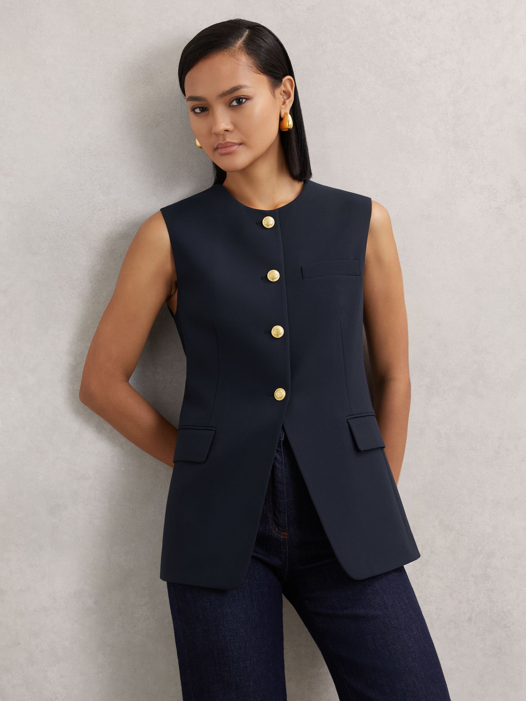 High-Neck Longline Waistcoat in Navy - Image 1 of 6