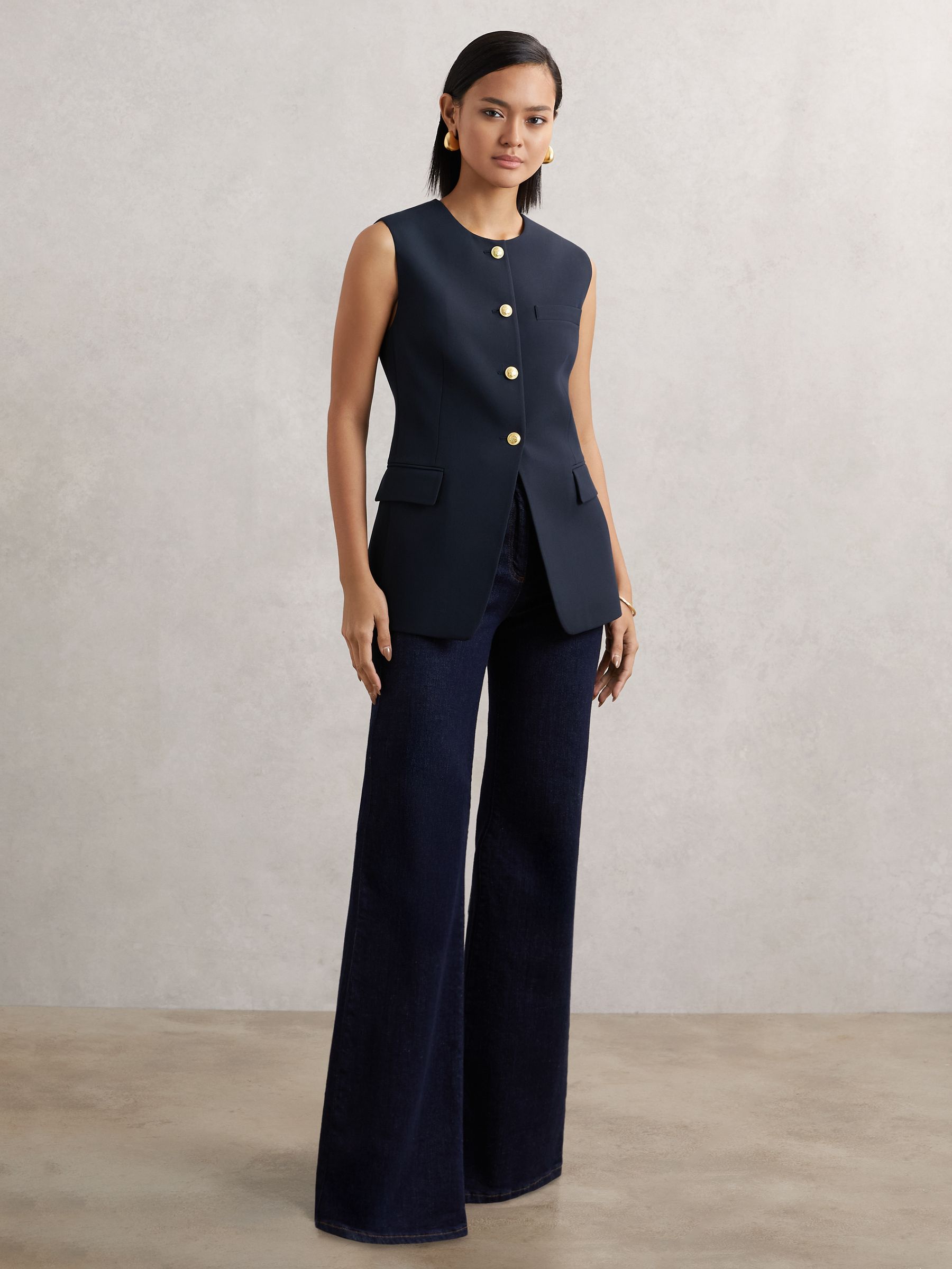 High-Neck Longline Waistcoat in Navy - Image 4 of 6