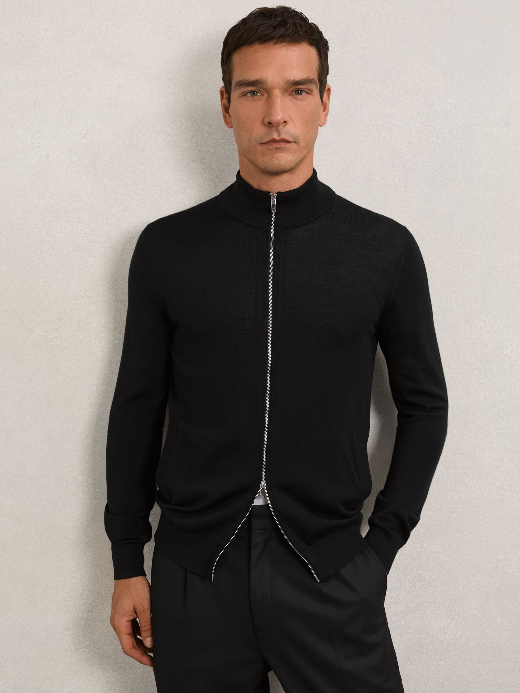 Wool Zip-Through Cardigan in Black - Image 1 of 6