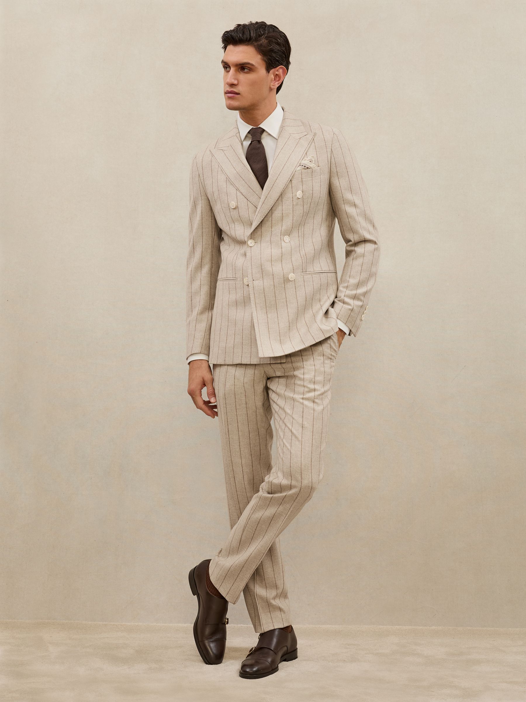 Atelier Wool Pinstripe Suit Trousers Tailored-Fit in Oatmeal Brown - image 5