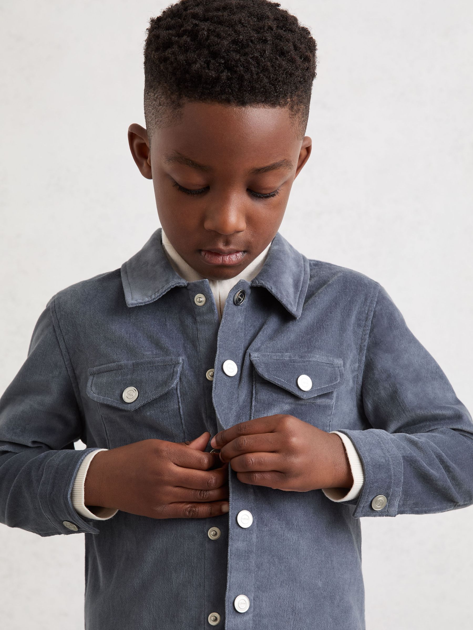 13-14 yrs Velvet Press-Stud Overshirt in Airforce Blue - Image 3 of 4