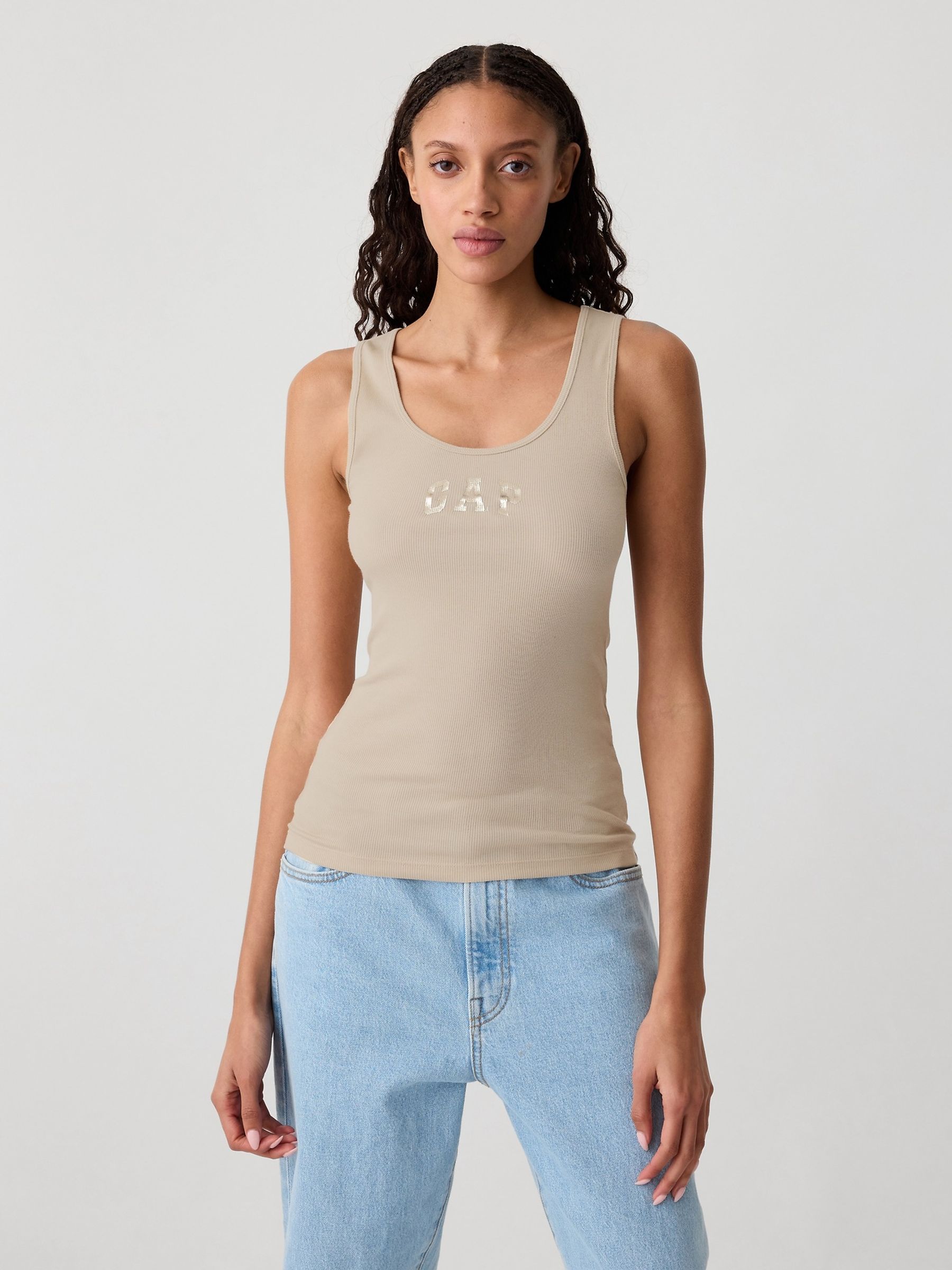 Beige Ribbed Logo Vest Top - Image 1 of 1