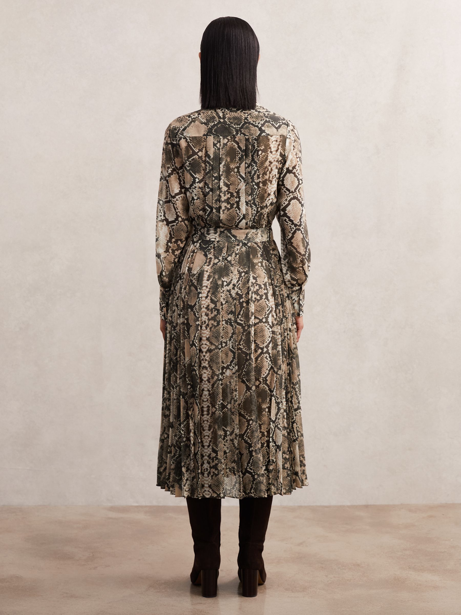 Snake-Print Pleated Midi Dress in Neutral - image 4