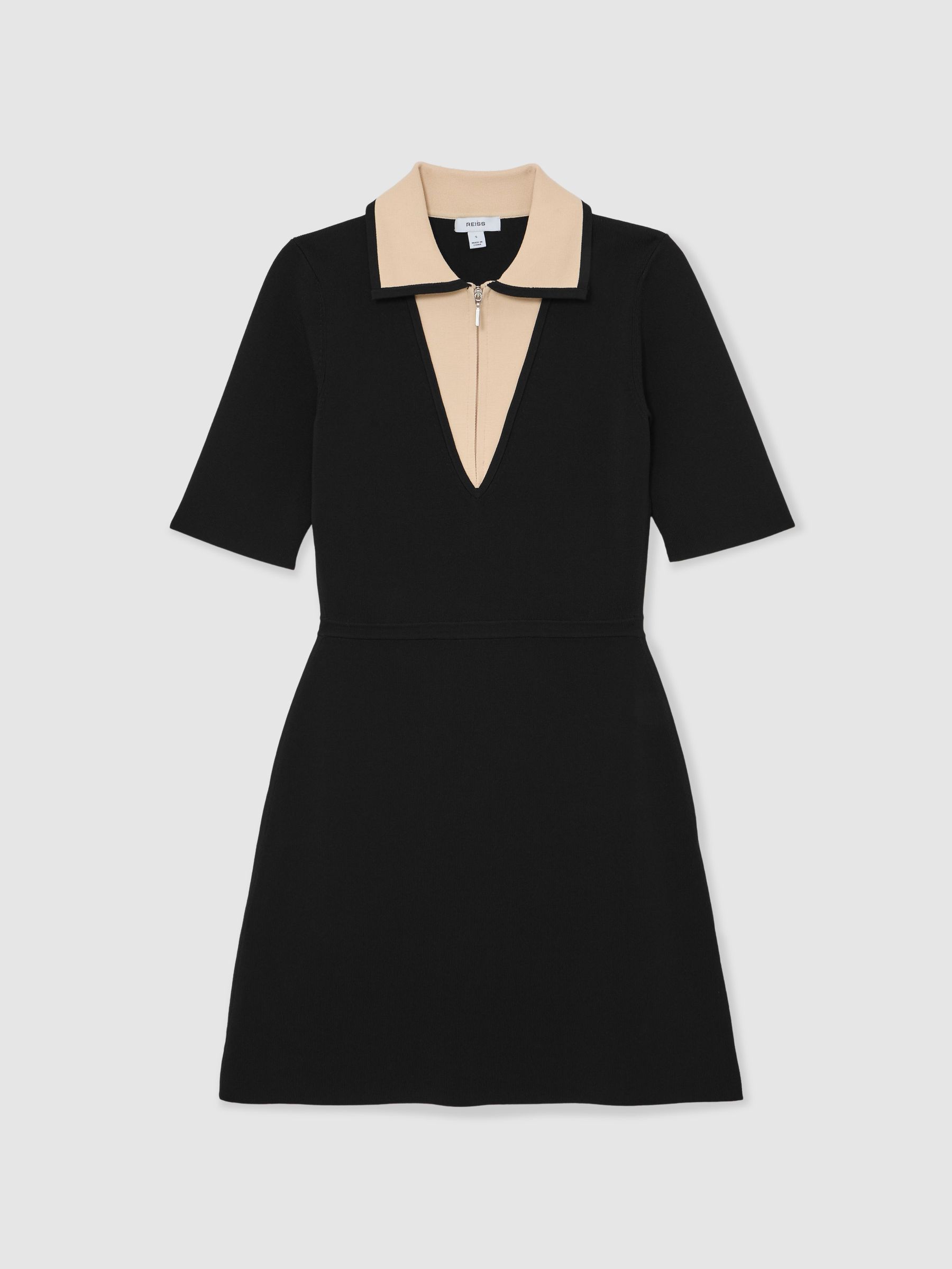 Contrast-Collar Knitted Mini Dress in Black/Ivory - Image 2 of 6