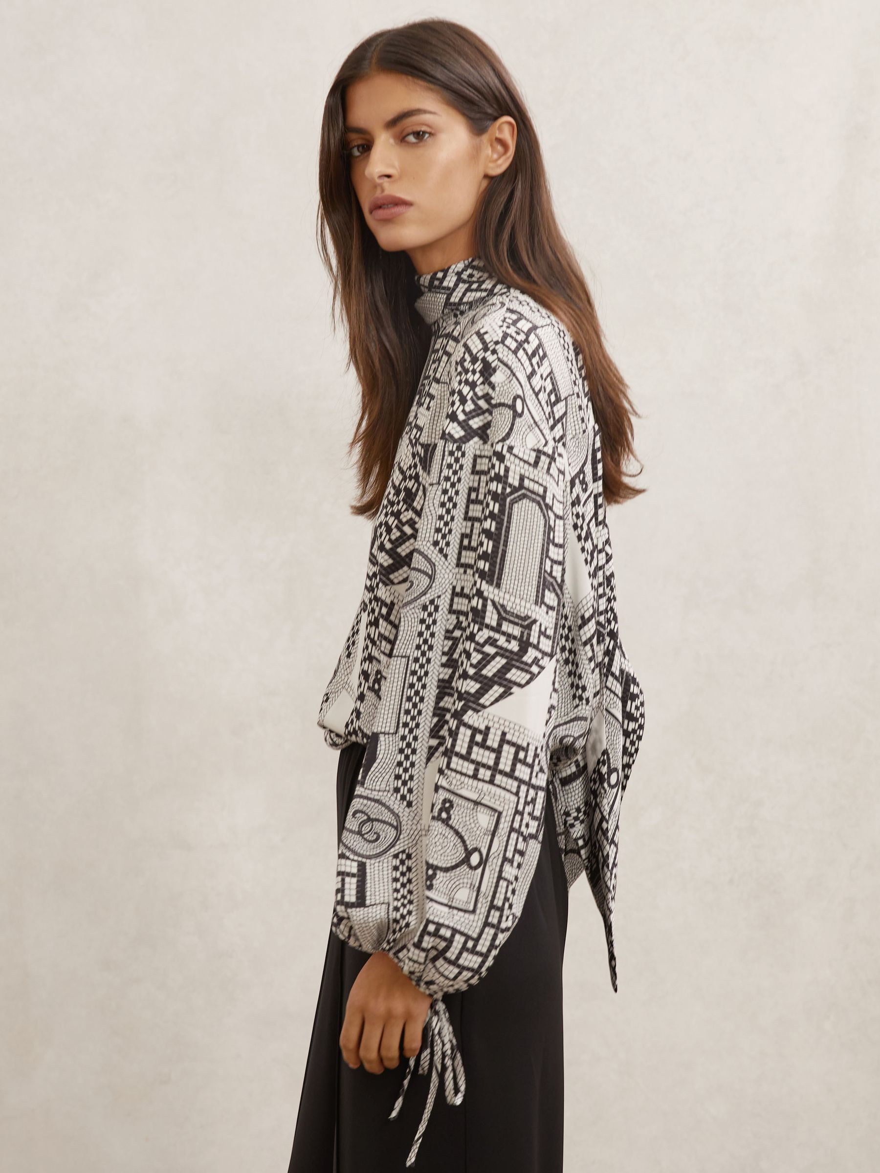 Tile-Print Balloon-Sleeve Blouse in Ivory/Black - Image 3 of 6