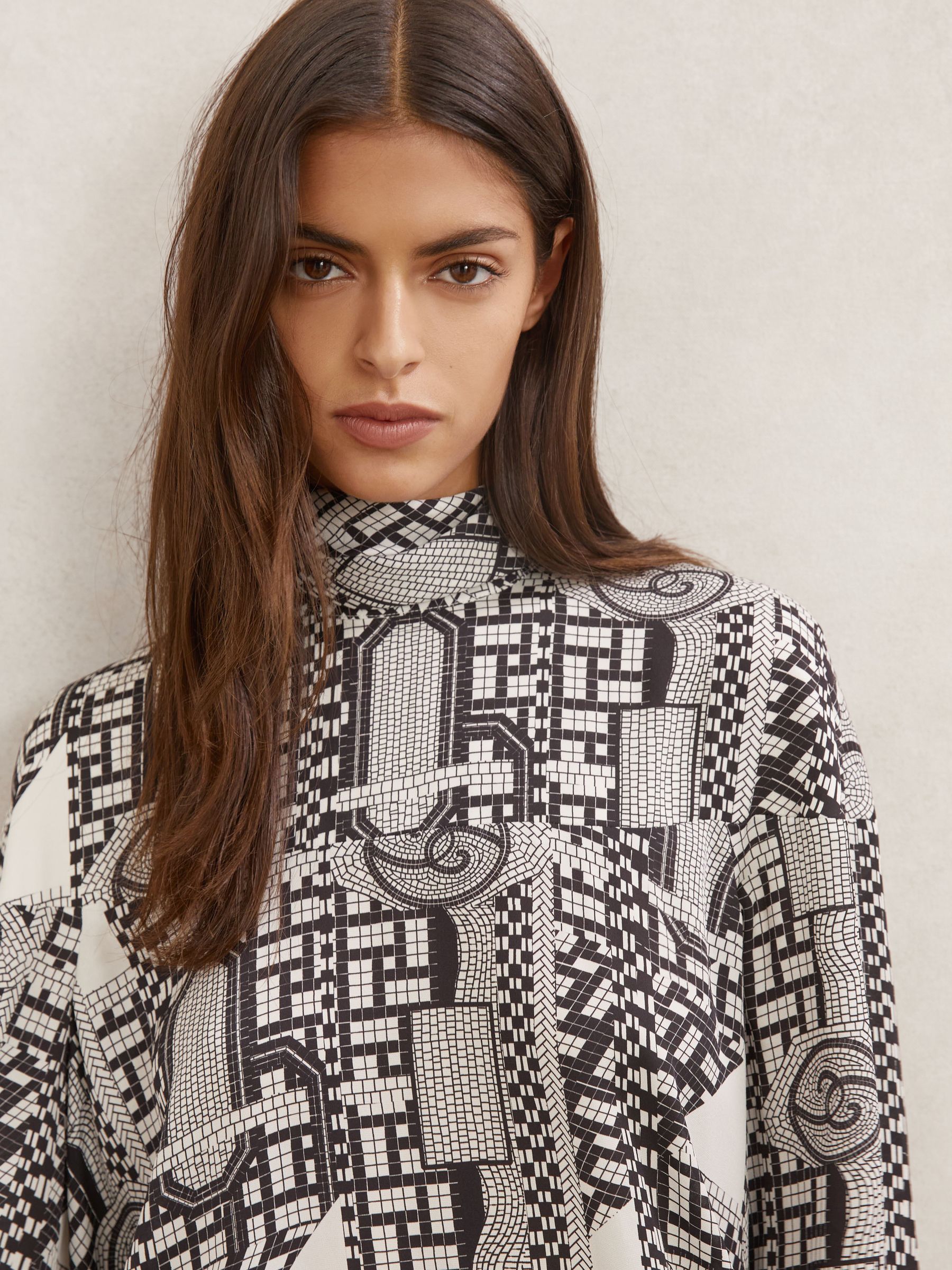 Tile-Print Balloon-Sleeve Blouse in Ivory/Black - Image 4 of 6