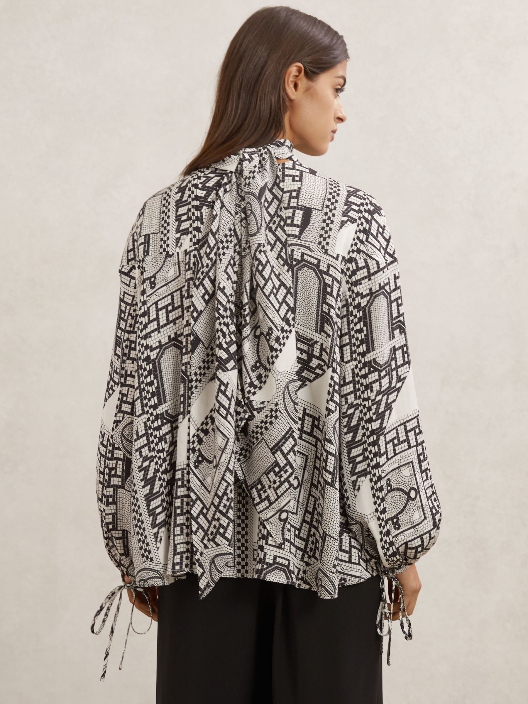 Tile-Print Balloon-Sleeve Blouse in Ivory/Black - Image 5 of 6