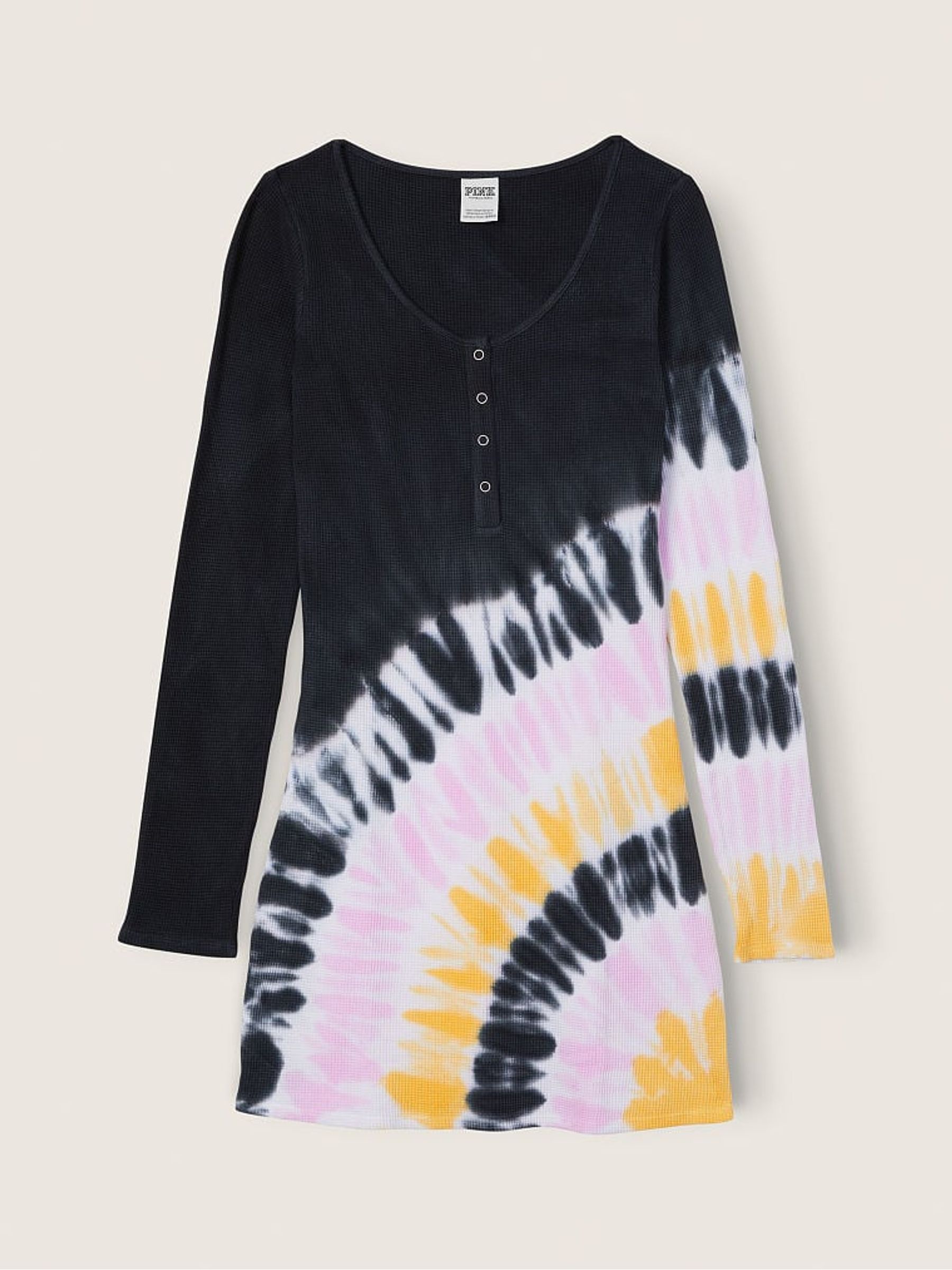 Pure Black Tie Dye Thermal Long Sleeve Henley Dress - Image 4 of 4