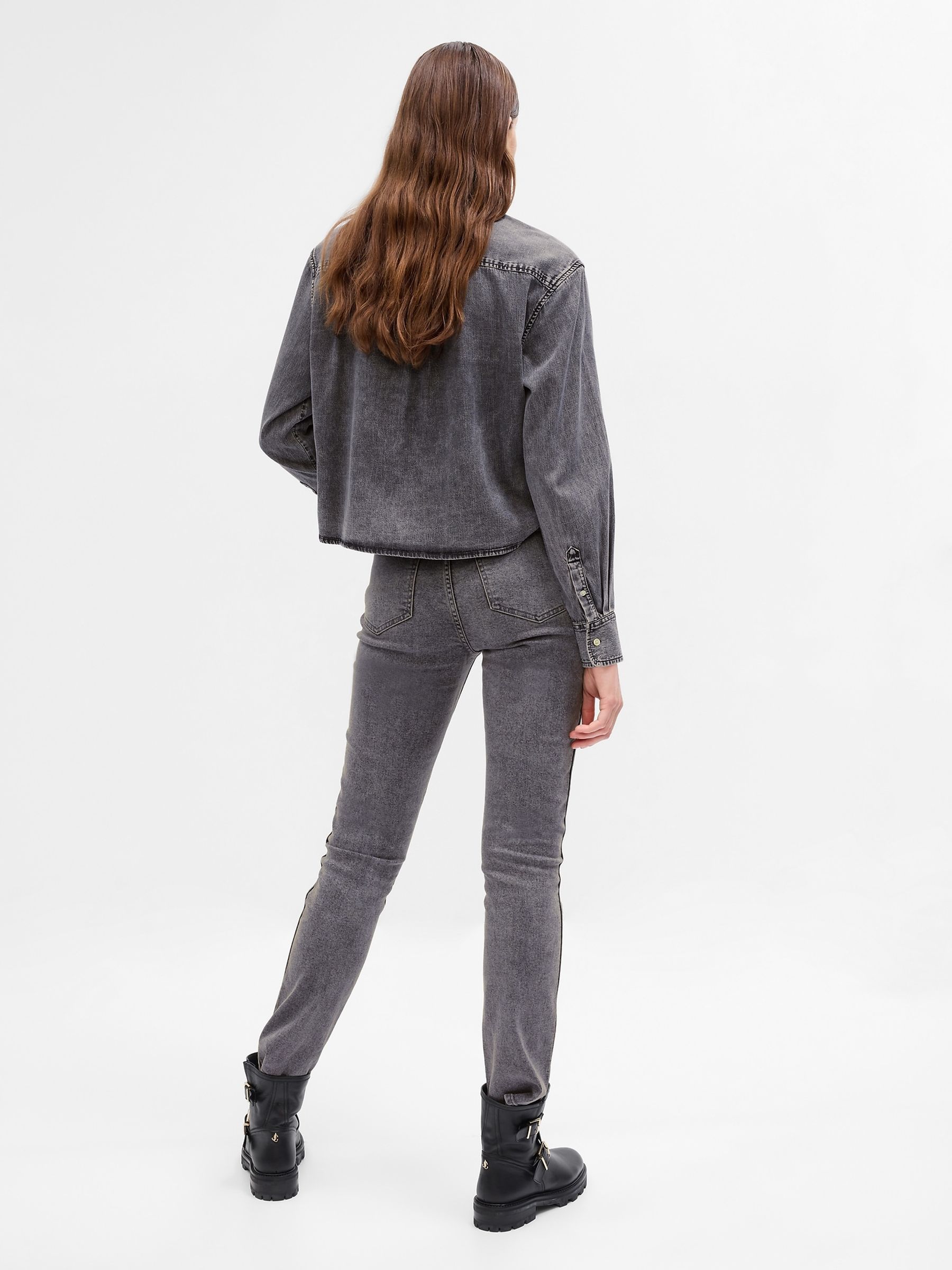 Grey Cropped Faded Denim Shirt - Image 2 of 3