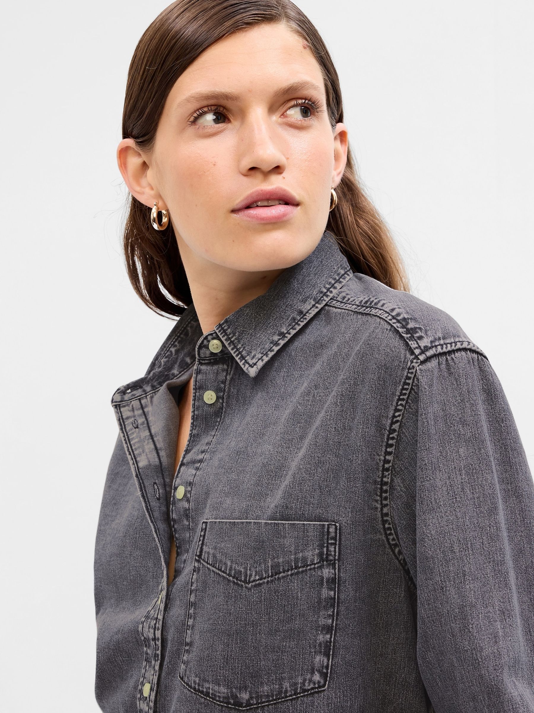 Grey Cropped Faded Denim Shirt - Image 3 of 3
