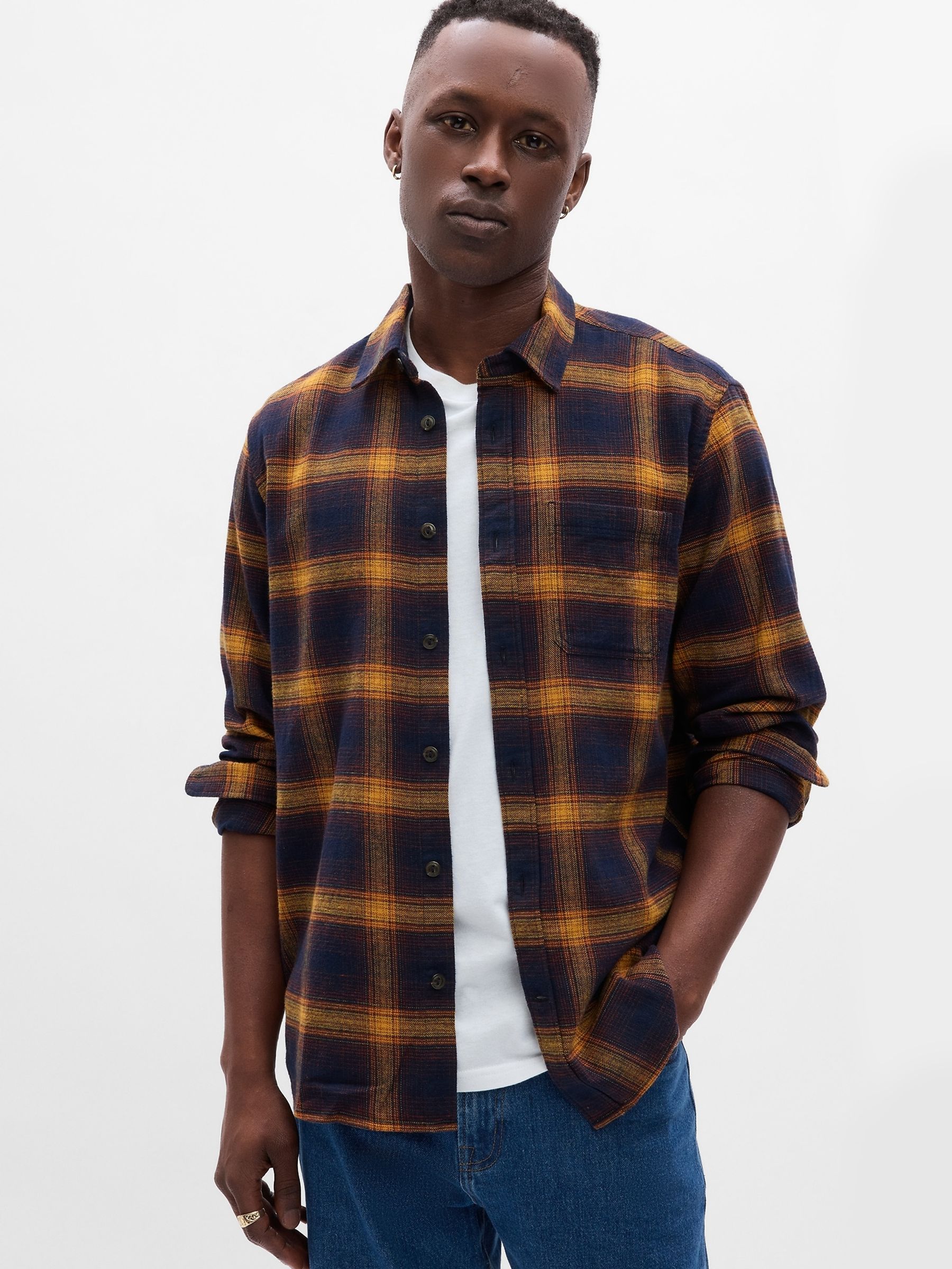 Navy & Yellow Check Long Sleeve Shirt in Standard Fit - Image 1 of 1