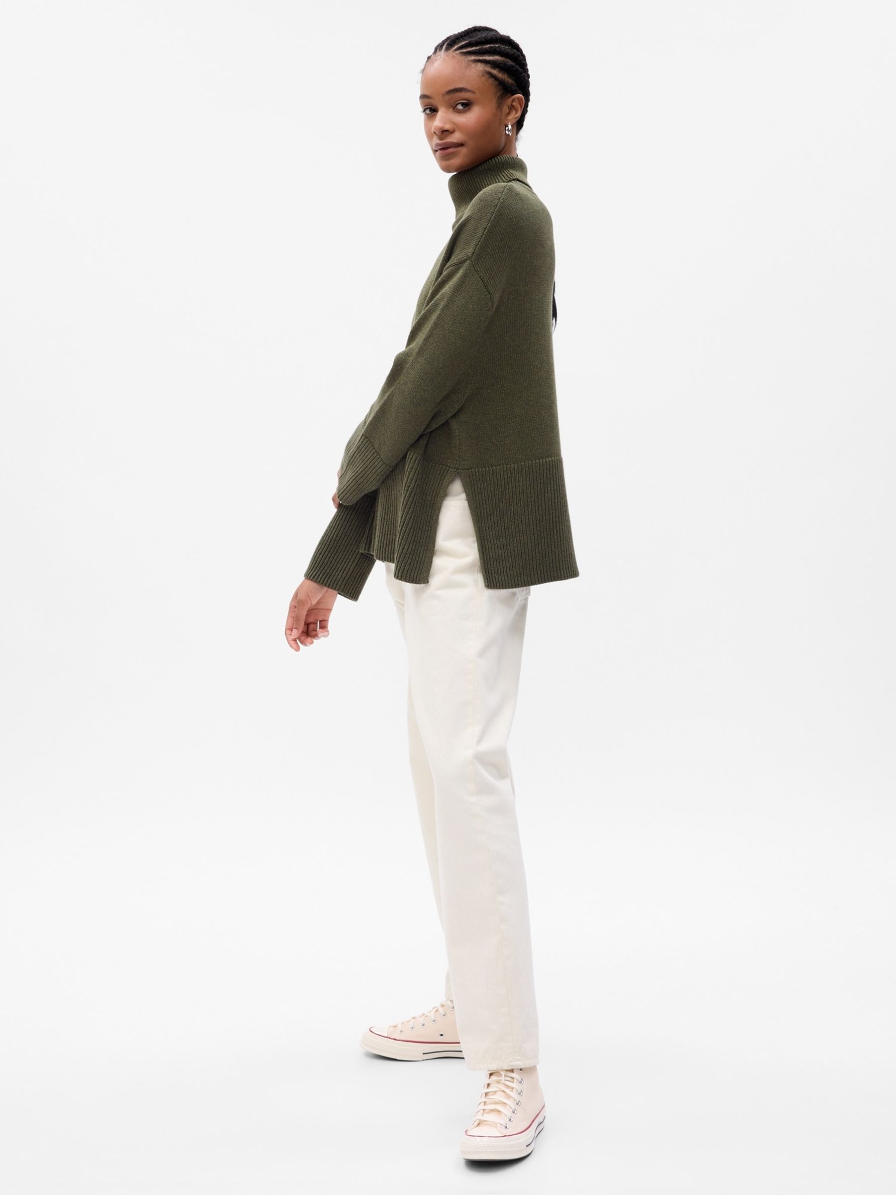 Green Split Hem Turtle Neck Jumper - Image 1 of 2