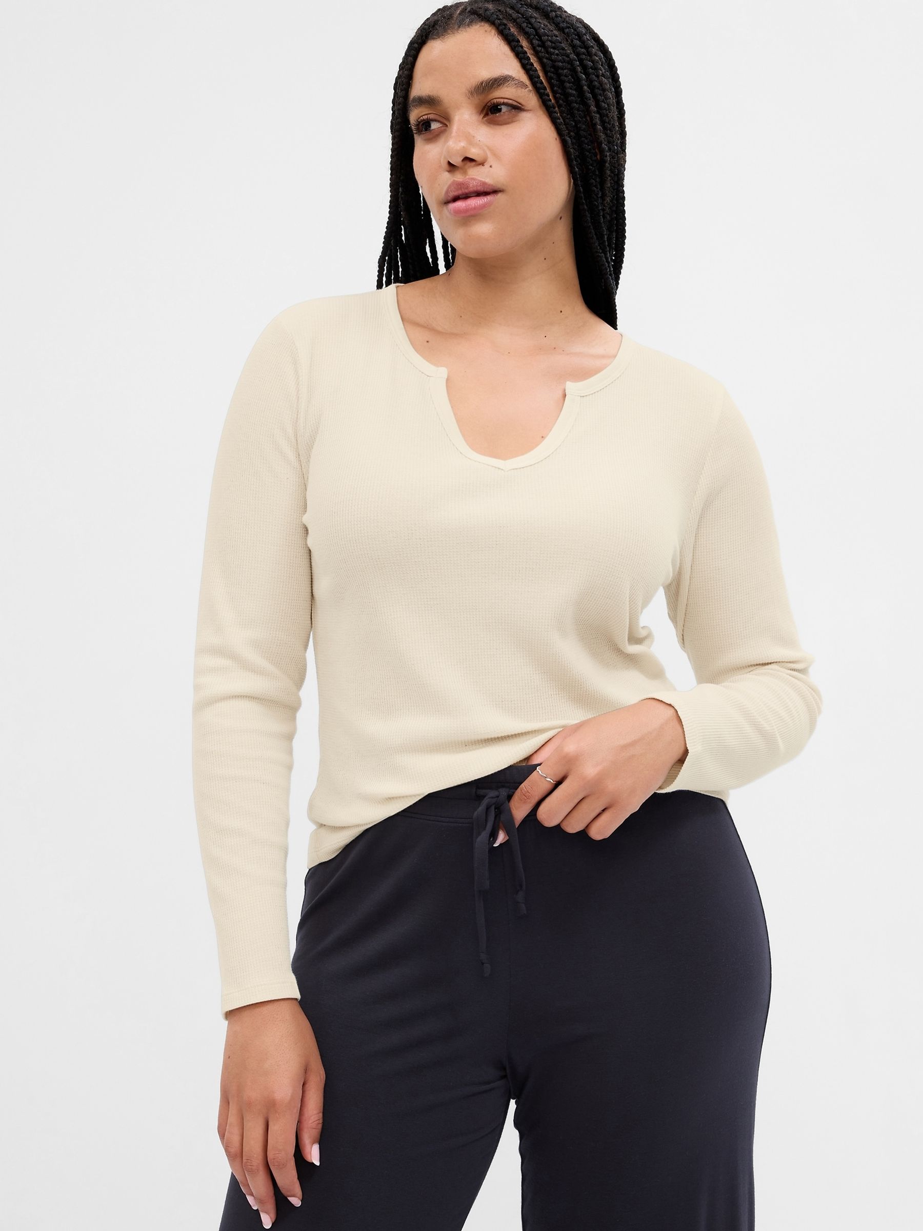 Cream Fitted Waffle-Knit Long Sleeve Pyjama Top - Image 1 of 5