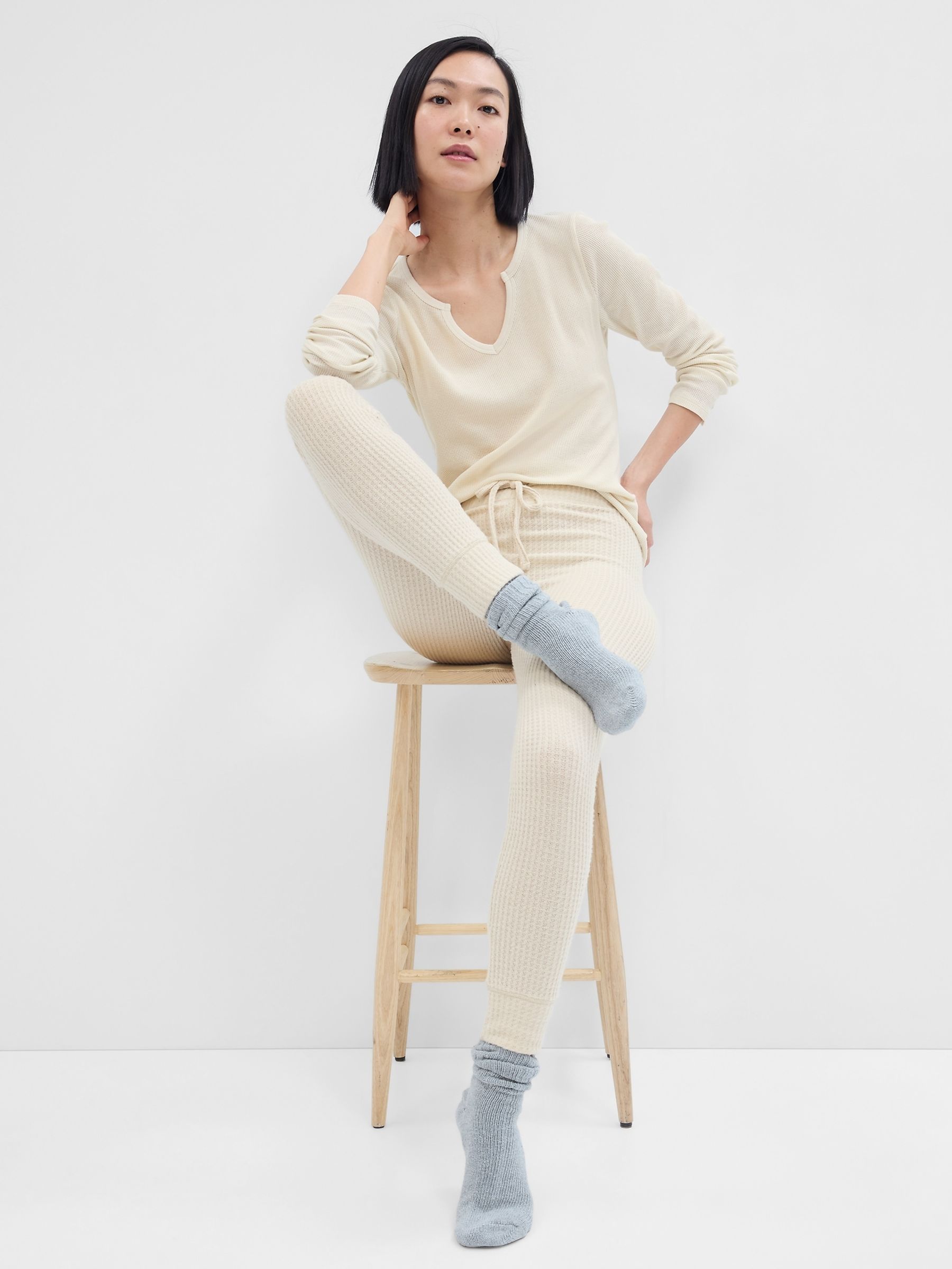 Cream Fitted Waffle-Knit Long Sleeve Pyjama Top - Image 3 of 5