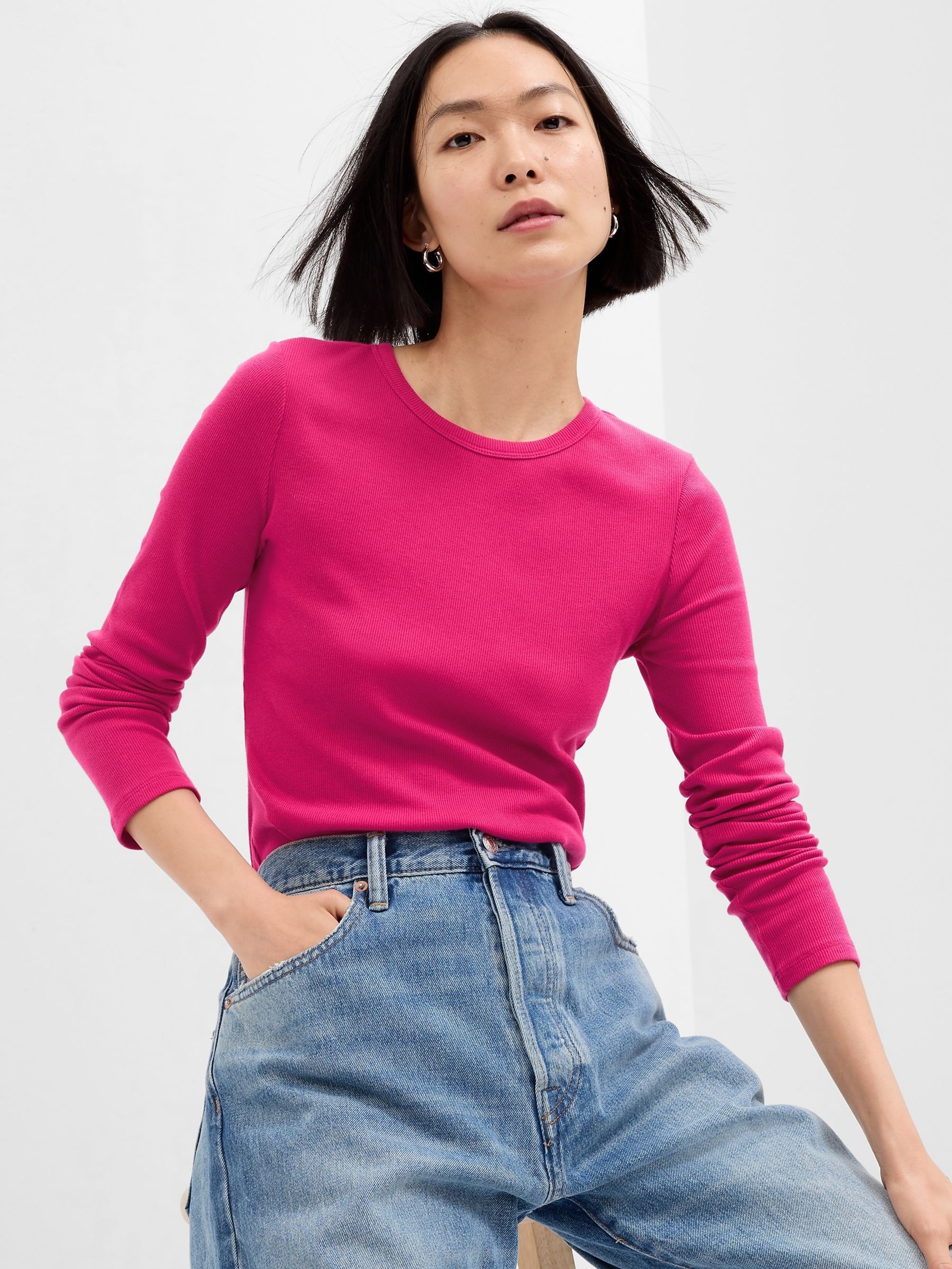 Bright Pink Ribbed Crew Neck Long Sleeve T-Shirt - Image 1 of 2